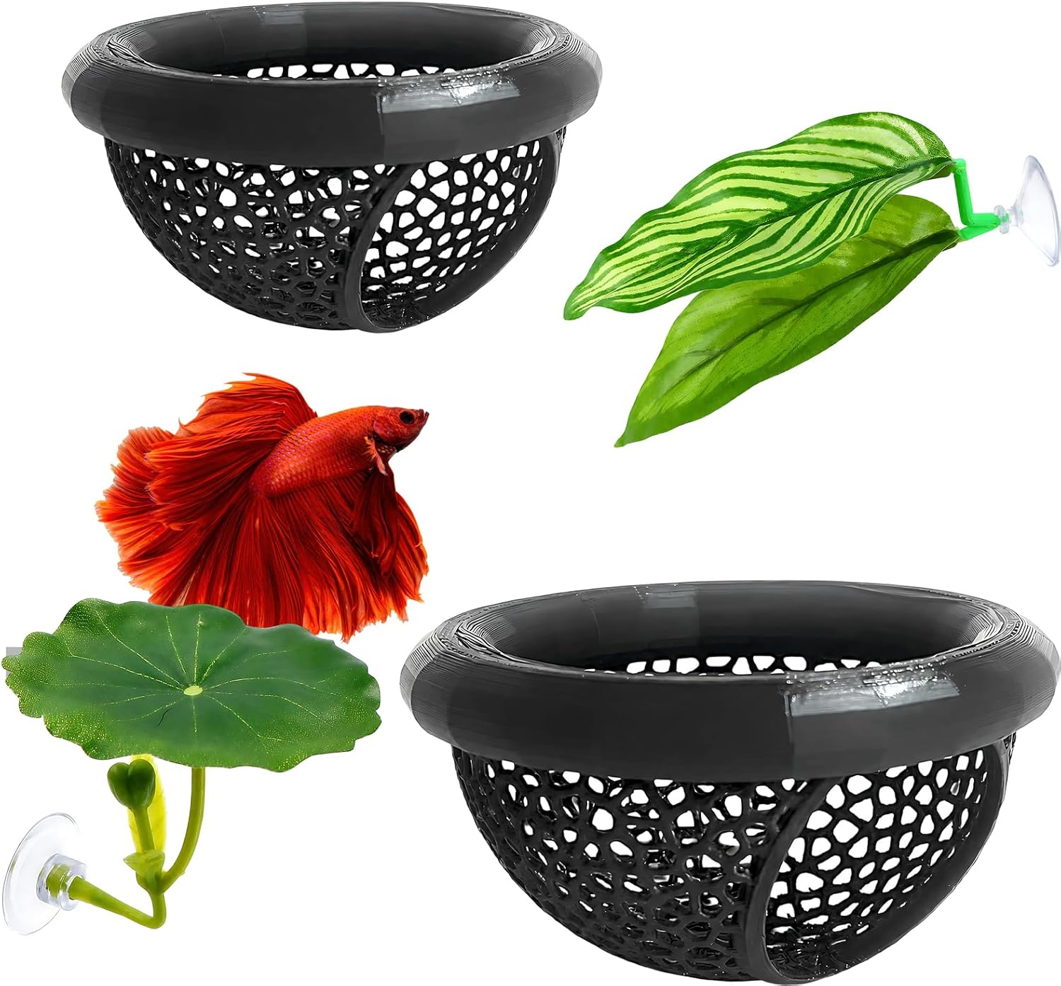 Betta Hammock, Betta Bed Set for Surface Resting and Hiding, Includes Round Black Small Fish Hammock, Tunnel Resting Leaf and Double Leaf Designs (4PCS Set)