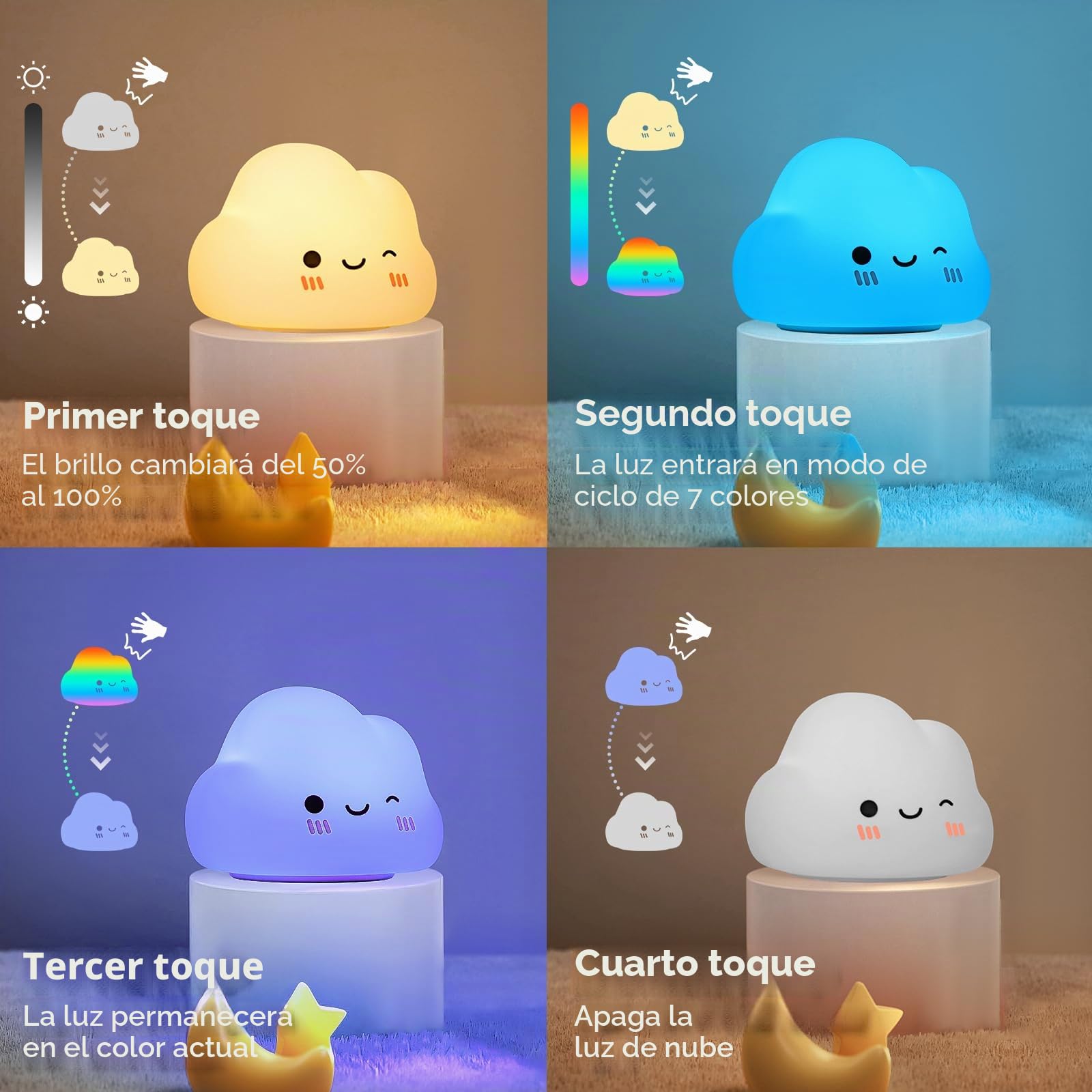 Luz Nocturna Infantil Control Táctil Recargable 7 Colores 3 Brillo Lampara Bebe Noche Nube
