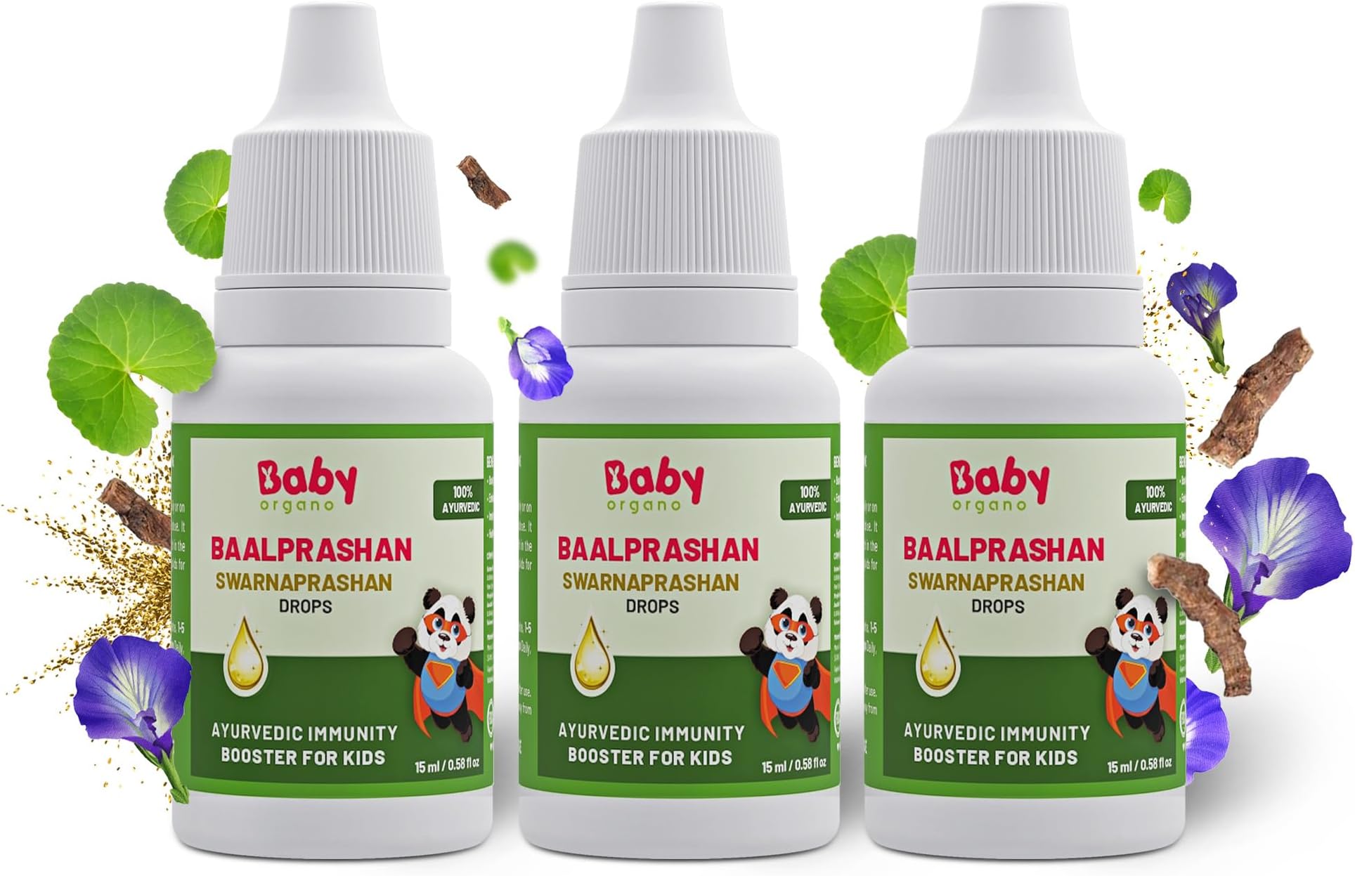 Baby Organo Swarnaprashan for Kids - Enriched with 24CT Gold Immunity Booster Drops Healthy Growth & Strength - 100% Ayurvedic - Honey Flavor 15ml, Age 0-15 Years (Pack of 1) Gold