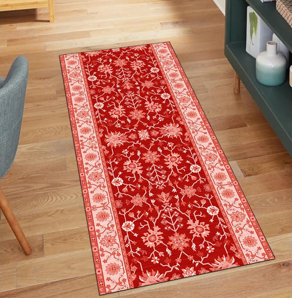 Alfombra de pasillo roja estilo vintage de alta resistencia y base segura de 70x280 cm