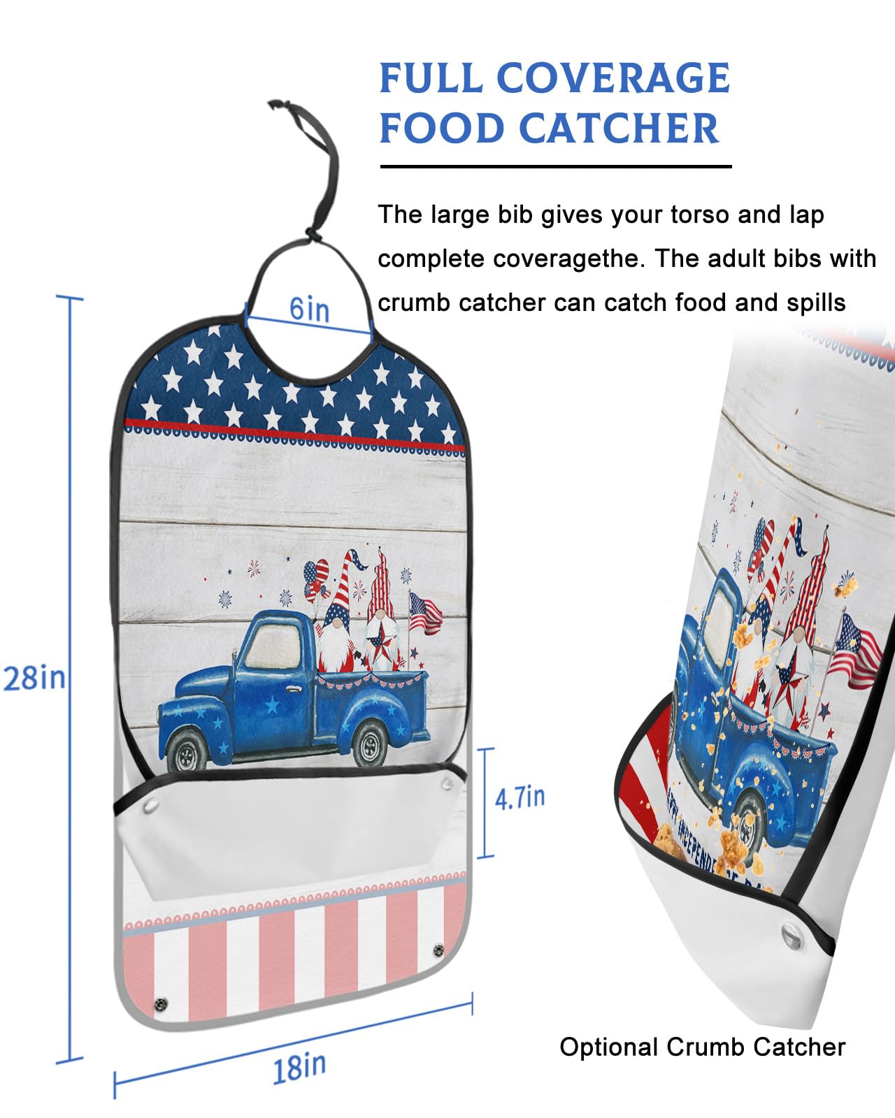 4th of July Adult Bibs for Eating, Waterproof Bibs with Food Catcher & Adjustable Snap Closure, Independence Day Rustic Star Striped Washable Clothing Protectors Adult Bibs for Elderly Women/Men