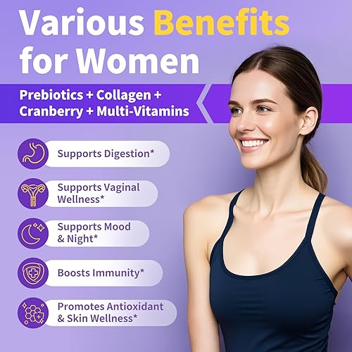 Miniatura 8 de Probióticos para mujer para equilibrio de pH vaginal* con lactobacilos y prebióticos y colágeno y arándano probiótico para mujer, para vagina*,
