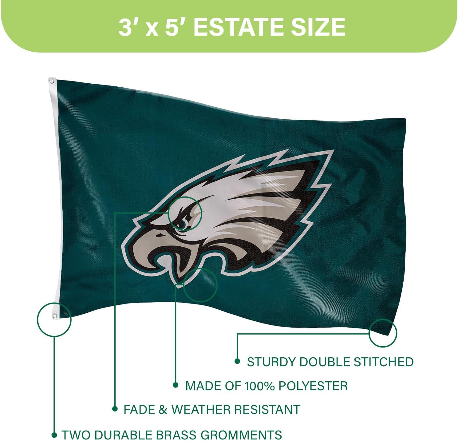 Team Sports America NFL Philadelphia Eagles 3 x 5 Outdoor Durable Flag with Grommets | Heavy Duty Flag & Banner for Outdoor Garden Patio | Indoor Wall Decor | Works with Flag Poles for House