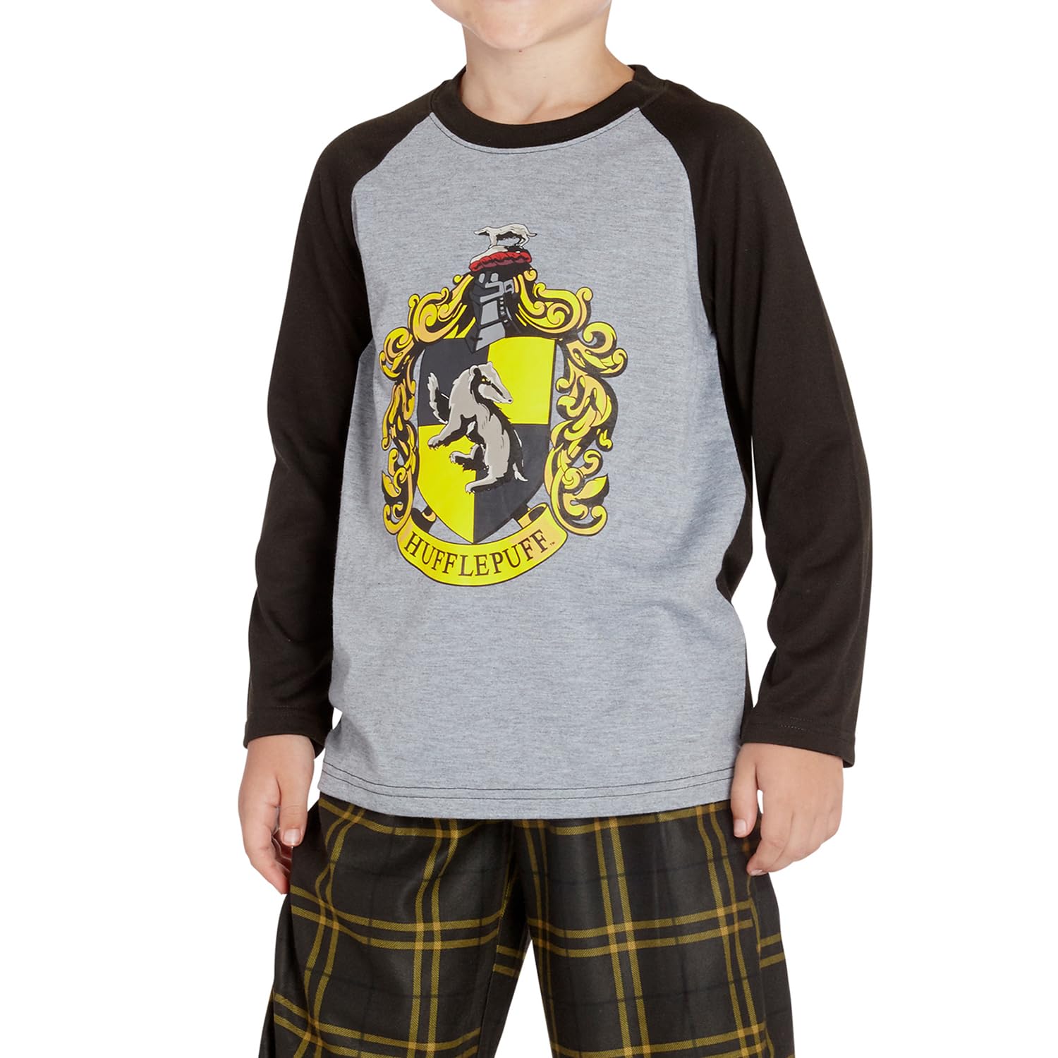 Harry Potter Pijama para niños pequeños y grandes, conjunto de camisa raglán y pantalones a cuadros, Gryffindor, Ravenclaw, Slytherin, Hufflepuff