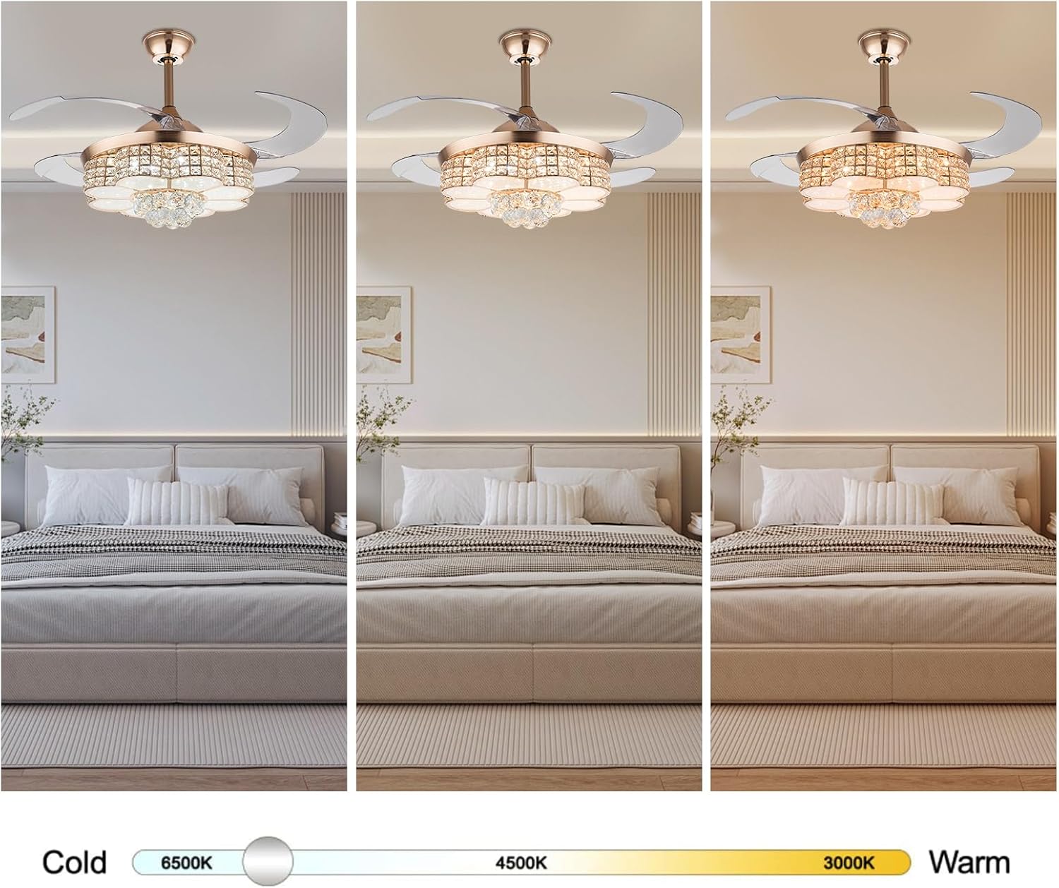 42'' Modern Crystal Chandelier Ceiling Fan with Lights and Remote Reversible Fandelier LED Dimmable Retractable Fan Chandelier Flush Mount Crystal Fandeliers for Dining Room Bedroom,Gold
