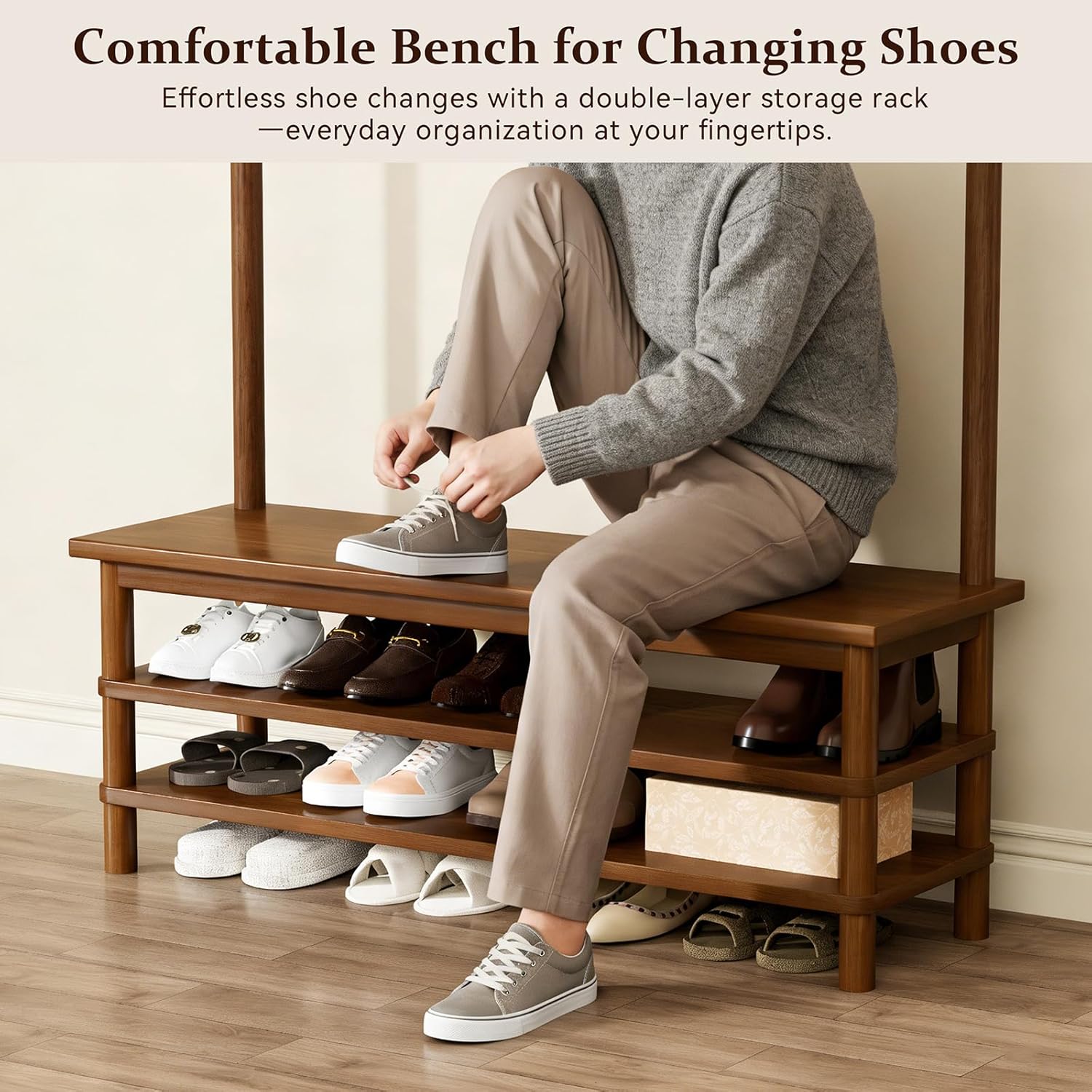 Coat Rack, 3-in-1 Hall Tree with Bench and Shoe Storage, Entryway Bench with Shoe Storage with 11 Hooks, Freestanding Coat Rack Organizer for Mudroom, Hallway, 42.9" Long