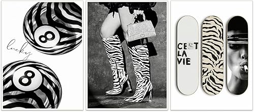 Juego de arte de pared de 3 piezas con estampado de cebra, póster estético Y2K con bola de la suerte, botas de moda feminista y decoración retro de