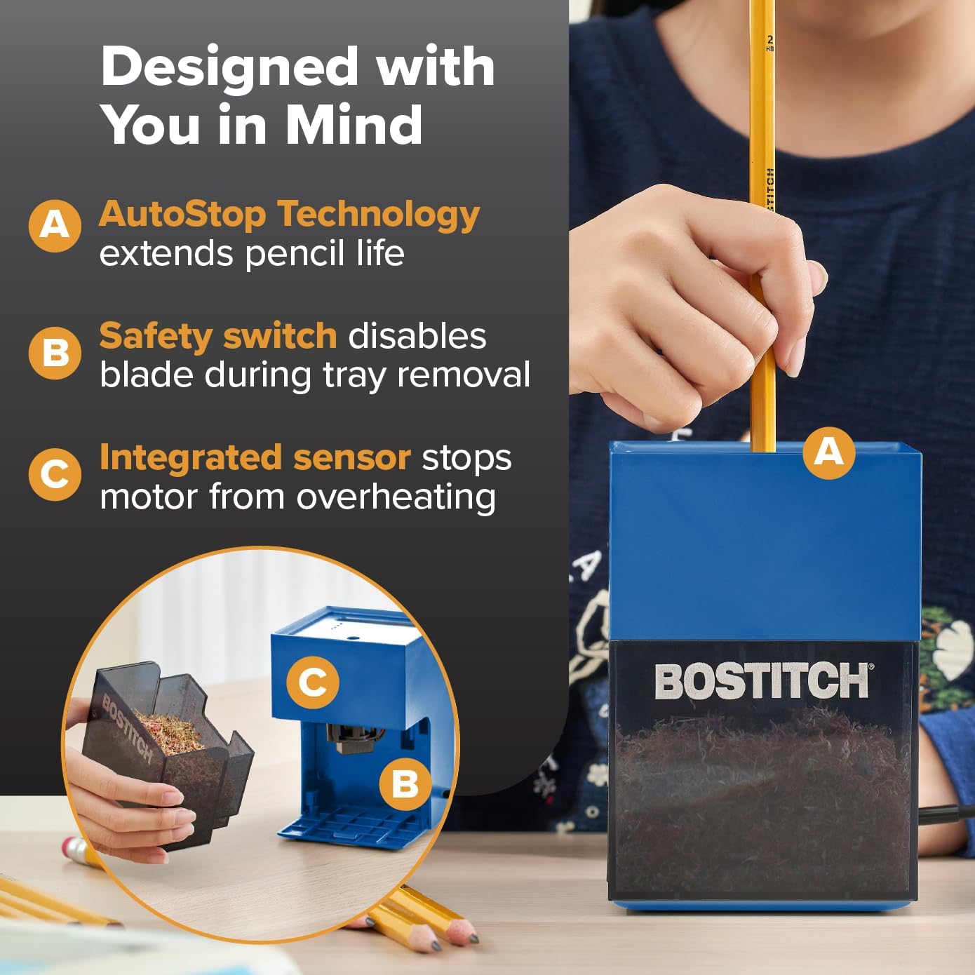 Bostitch Konnect Rechargeable Pencil Sharpener (USB-C), Auto-Stop Helical Cutter, Portable Electric Sharpener for No.2/Colored Pencils, Home, Office, Classroom, Blue