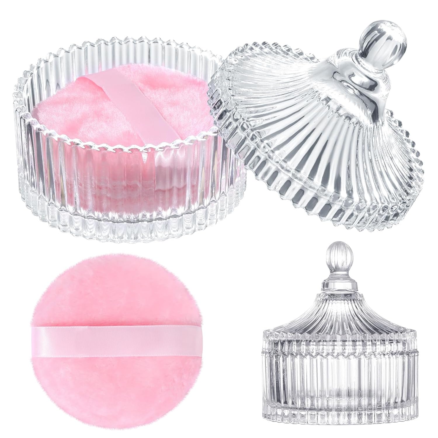 Large Body Powder Puff and Container, 3.54 Inch Women Powder Puff with Crystal Case for Dusting Powder, Pink