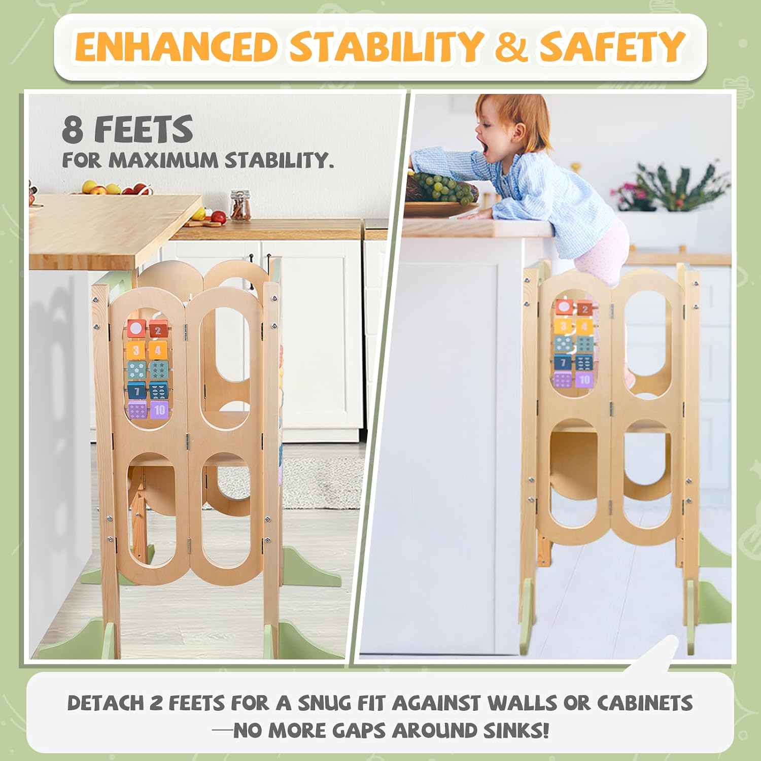aiwo 6in1 Foldable Toddler Tower with 2-Step Stool Kitchen Standing Stool, 3 Adjustable Heights, Chalk-Whiteboard & Learning Activity Games 9 aiwo 6in1 Foldable Toddler Tower with 2-Step Stool Kitchen Standing Stool, 3 Adjustable Heights, Chalk-Whiteboard & Learning Activity Games - Image 7