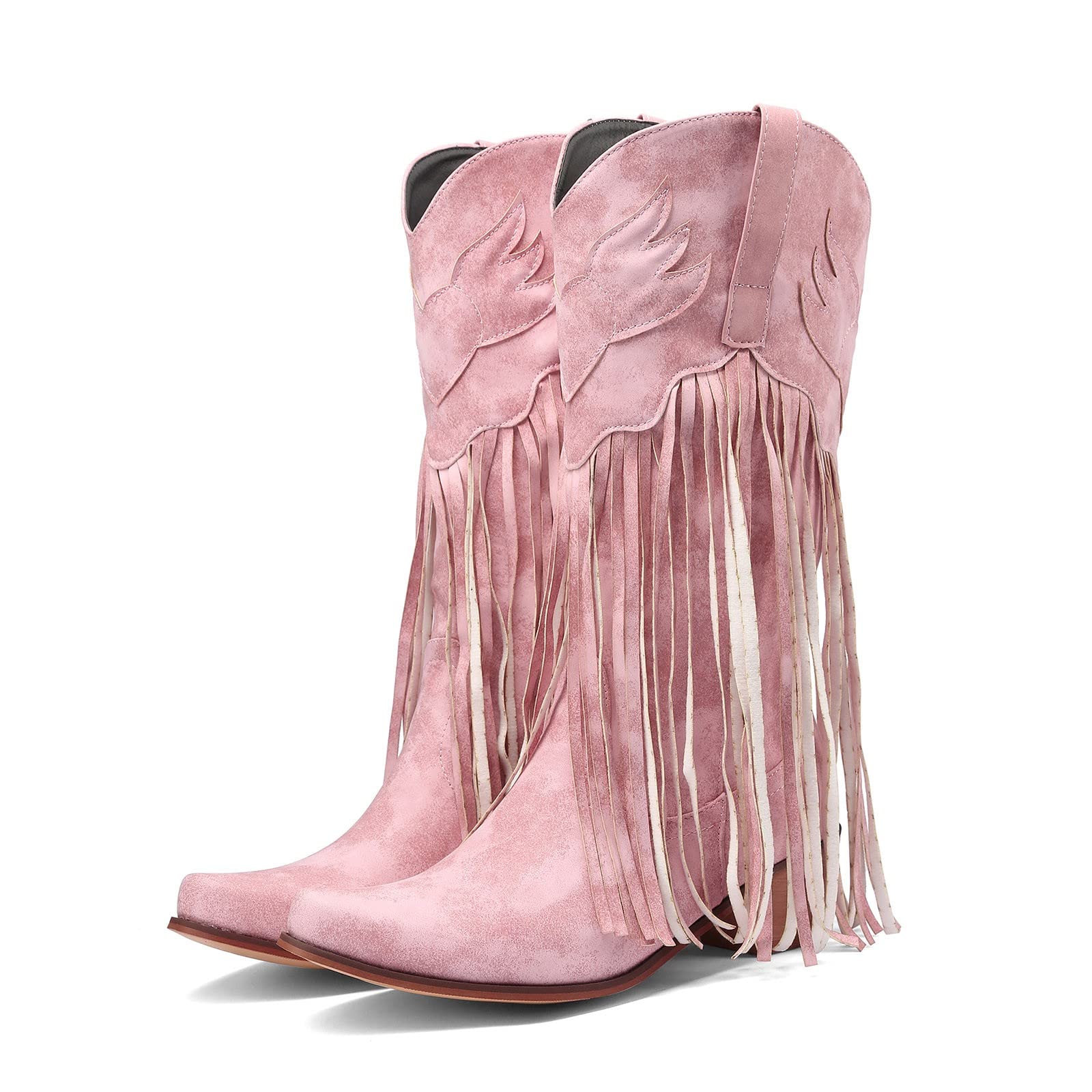 Stivali da Donna Comodi Stivali con Tacco Grosso Stivali a Punta con Frange Stivali al Ginocchio Occidentali Stivali Medi Scarpe Gomma Pioggia Stivali Campagna 38