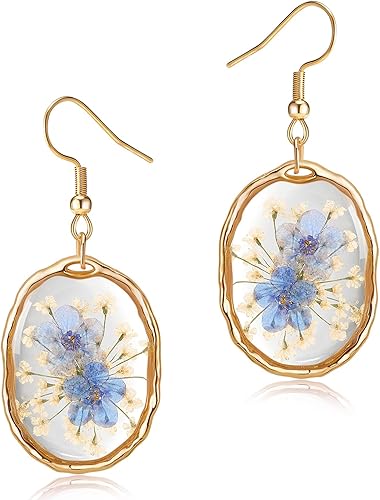 Pressed Flower Earrings,Handmade Forget-Me-Not and Queen Anne's Lace Wildflower Earrings,Unique Resin Dried Flower Earrings,Perfect for Parties or
