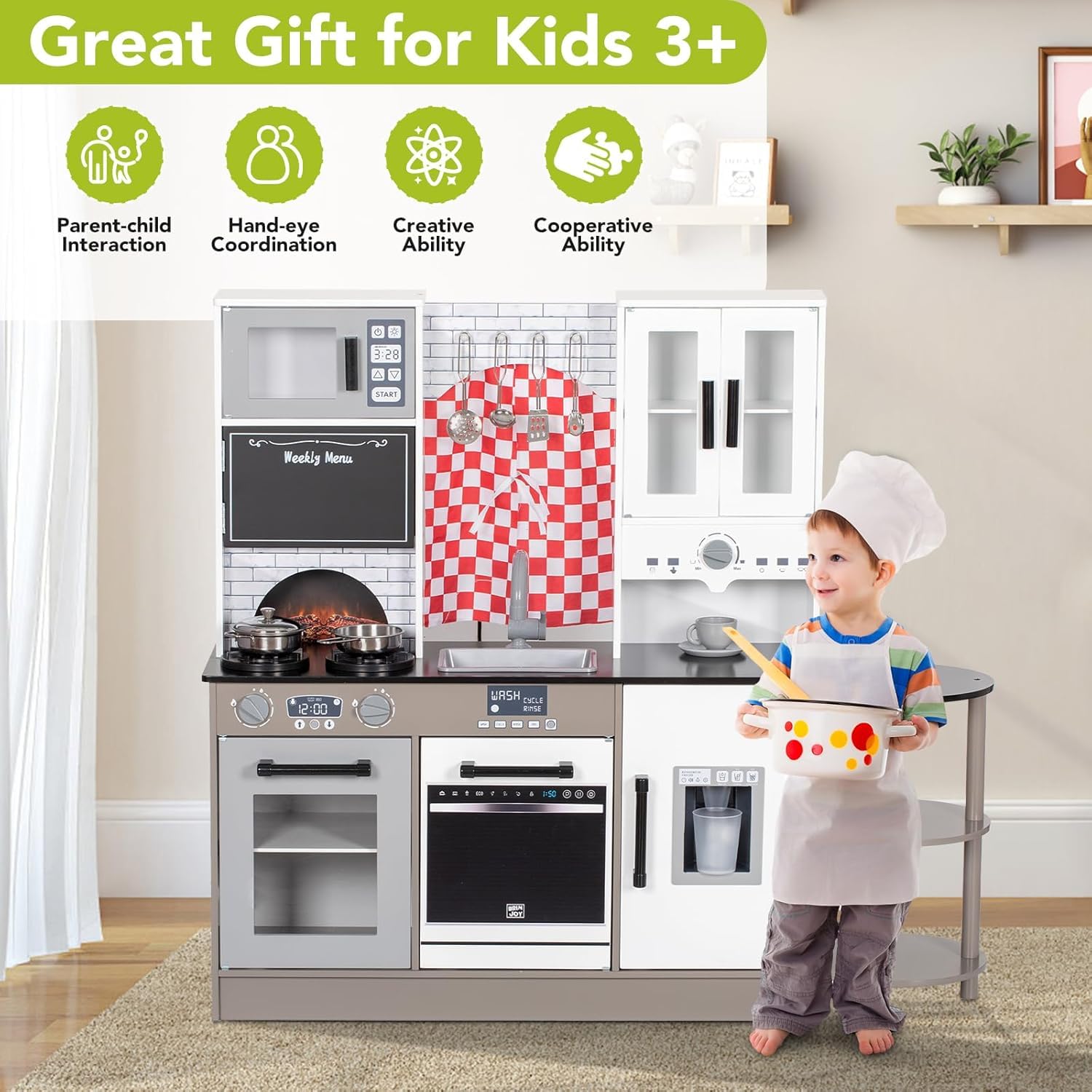 BRINJOY Kinderküche, Holz Kleinkind Küche Set mit Vorhänge, Kaffeemaschine, Aufbewahrungsregal, Herd, Waschbecken, Geschirr, Licht & Klang,Spielen Küche Spielzeug Geschenk für Mädchen Jungen (Weiß)