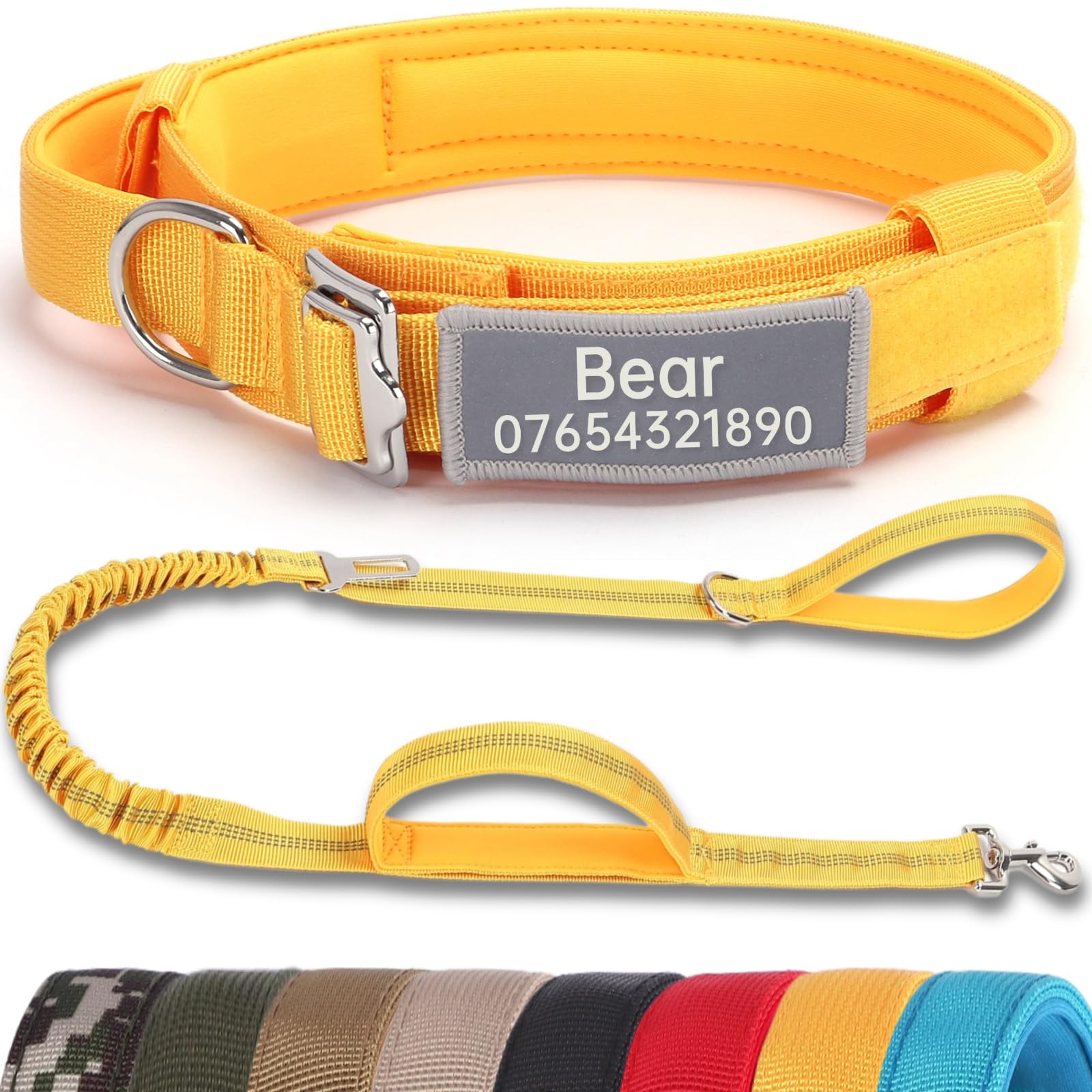 SEOUGEE Tactical Dog Collar Personalised with Handle and Leash Set, Soft Padded Dog Collars with Custom Reflective Name Patch, Pet Collars with Portable Buckle for Small Dogs (Yellow Set, S) — image 1