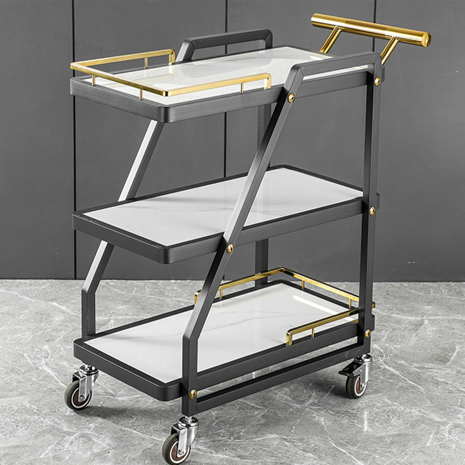 3 Tier Stainless Steel Rolling Serving Cart, Rock Panel Utility Trolley for Restaurant KTV Hotel Food Snack Drinks Transport(E)