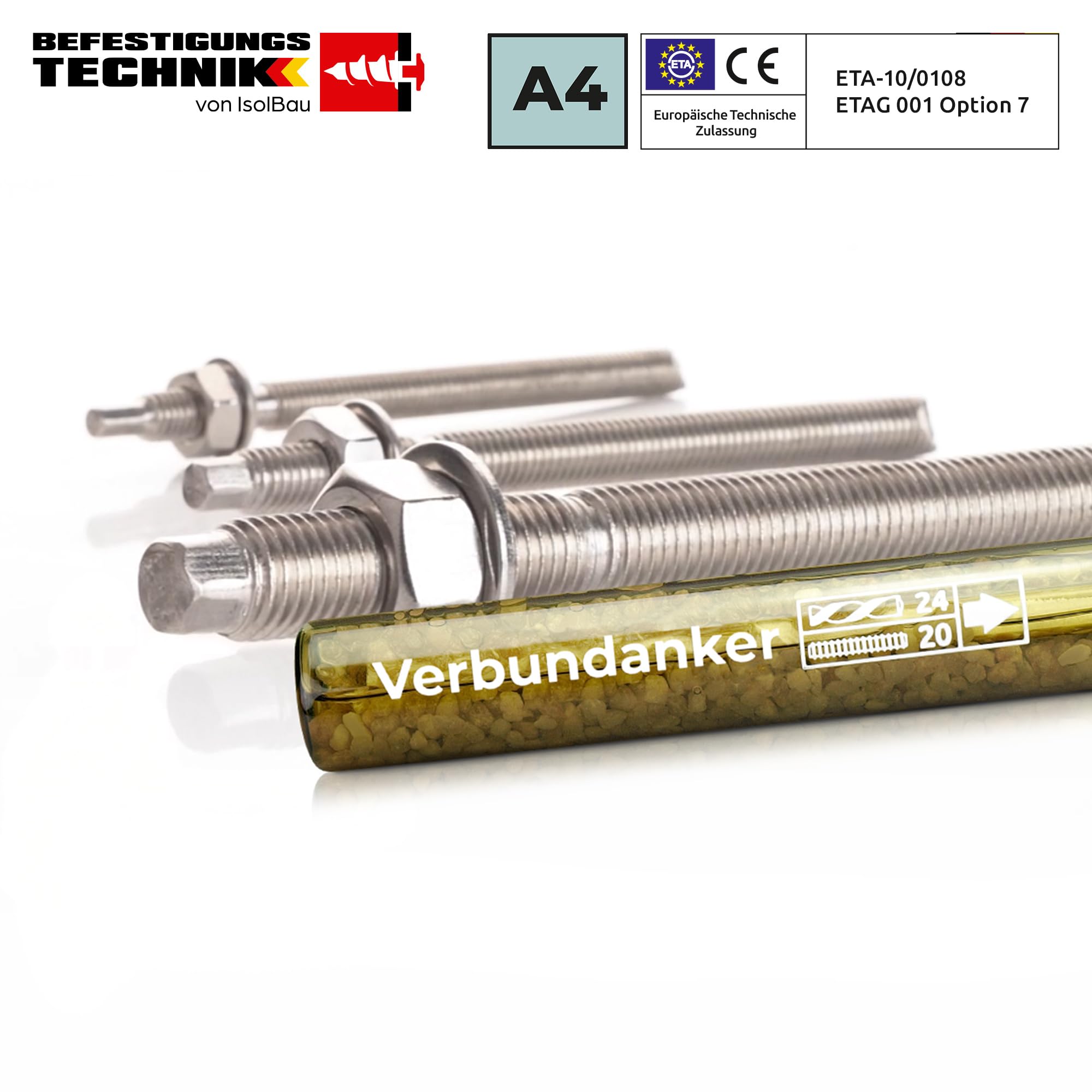 Isolbau Verbundanker Set - Verbundankerpatrone styrolfrei V16 + Ankerstange aus A4 Stahl M16 x 190 - ETA Zulassung - 10 Stück