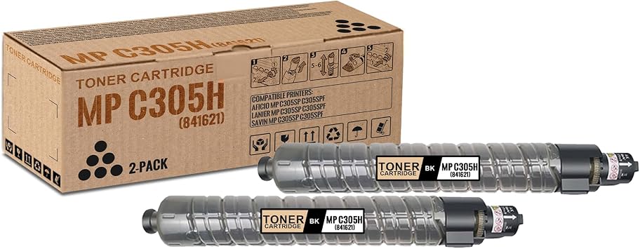 2 Pack MP C305H Black Toner Cartridge | Replacement for Ricoh MP C305H Work with Aficio MP C305SP C305SPF Lanier MP C305SP C305SPF Savin MP C305SP C305SPF | 841621