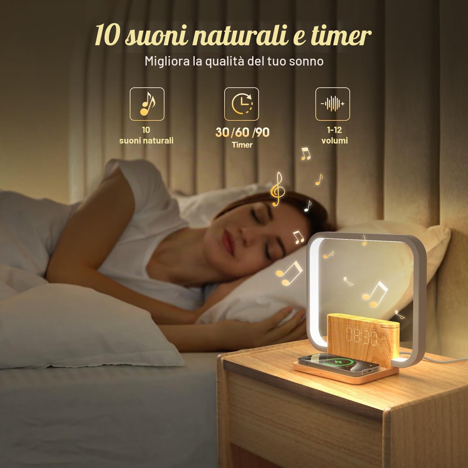 Lampada da comodino con ricarica wireless 10 W, luce Wake Up, 10 suoni naturali, aiuto per addormentarsi e lampada da tavolo dimmibile 3 livelli