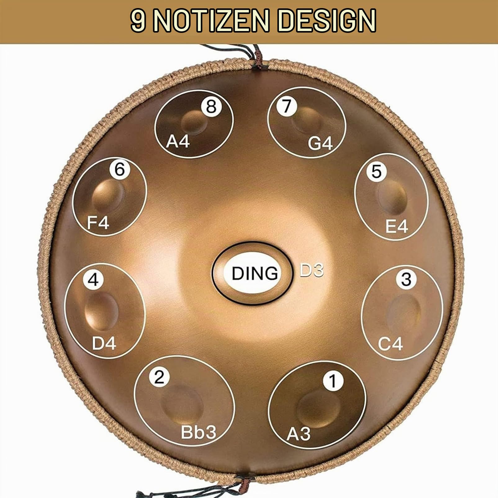 Handpan Drum Instrument, 22 Zoll Handpan Trommel Stahltrommel In D-Moll, 9 Noten 440Hz Percussion Musikinstrumente Handtrommel Set, Handgefertigt, Mit Tasche Schlägel Ständer - Gold