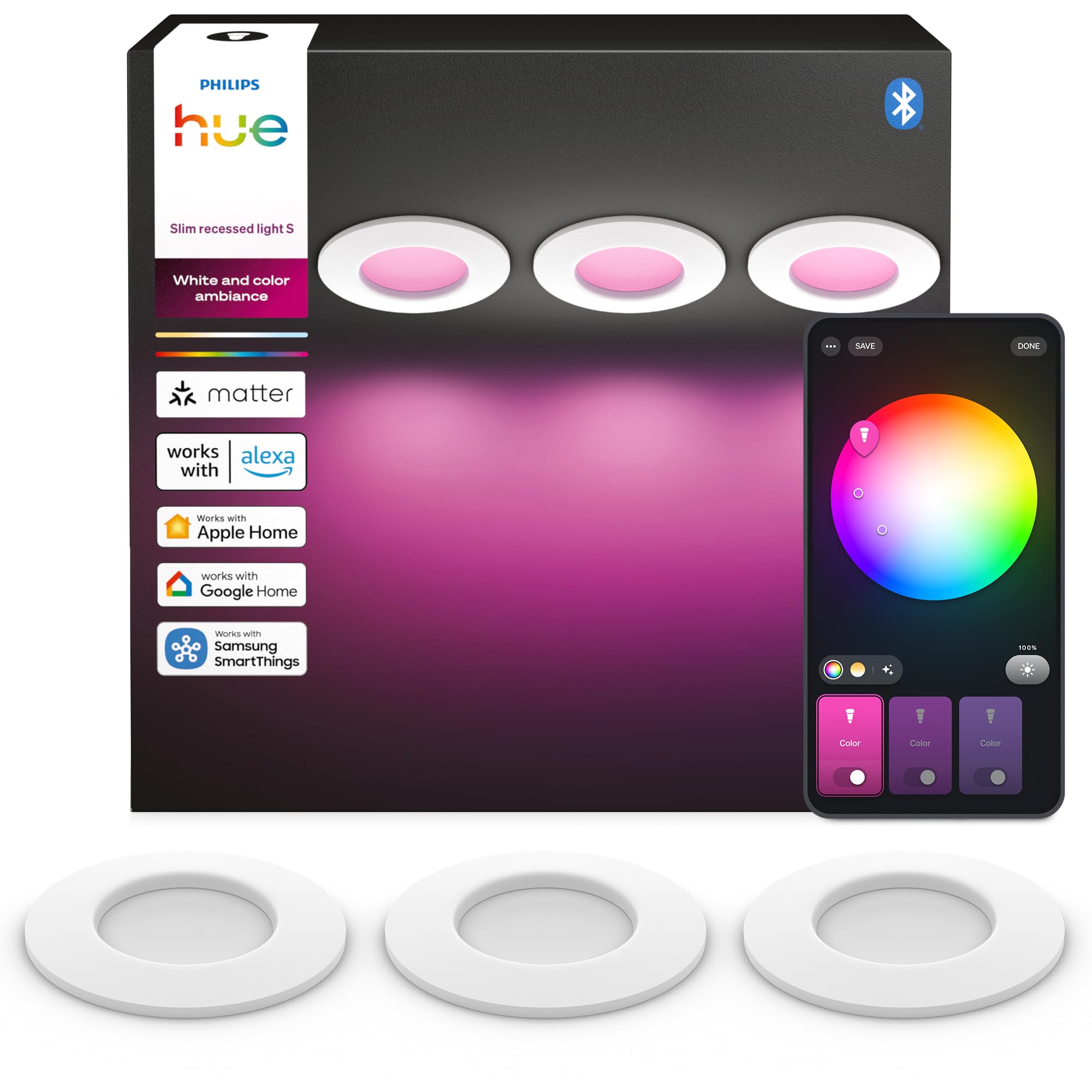 Philips Hue Slim Downlight, Plafón LED Empotrable, 1000 lm, 90 mm, Diseño Delgado, Espectro Luz de Día 1000K-20000K, Regulación Ultrabaja, Color Preciso, Iluminación Inteligente, Blanco, Pack de 3