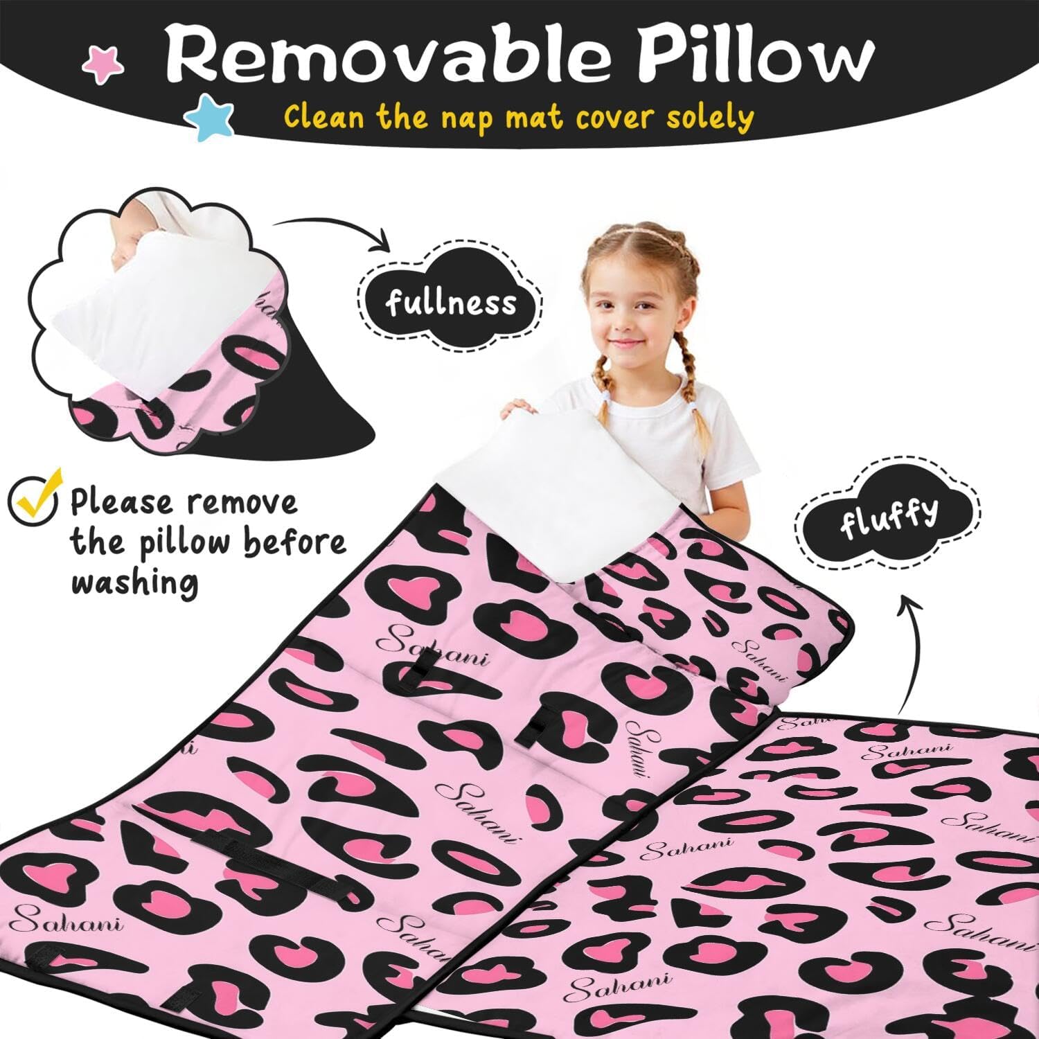 Personalized Toddler Nap Mat for Girls – Custom Name Leopard Print Sleeping Bag with Pillow & Blanket – Soft & Portable for Daycare, Preschool & Kindergarten