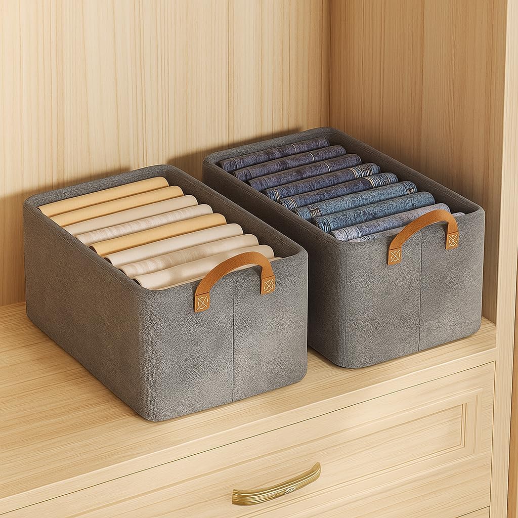 2 Pcs of Large Foldable Storage Box for Clothes with Steel Frame/Woven Fabric Clothes Organiser with Handle/Wardrobe Organizer for Storage/Almirah Organizer for Shirts/Jeans/Sweater (Grey)-image-36
