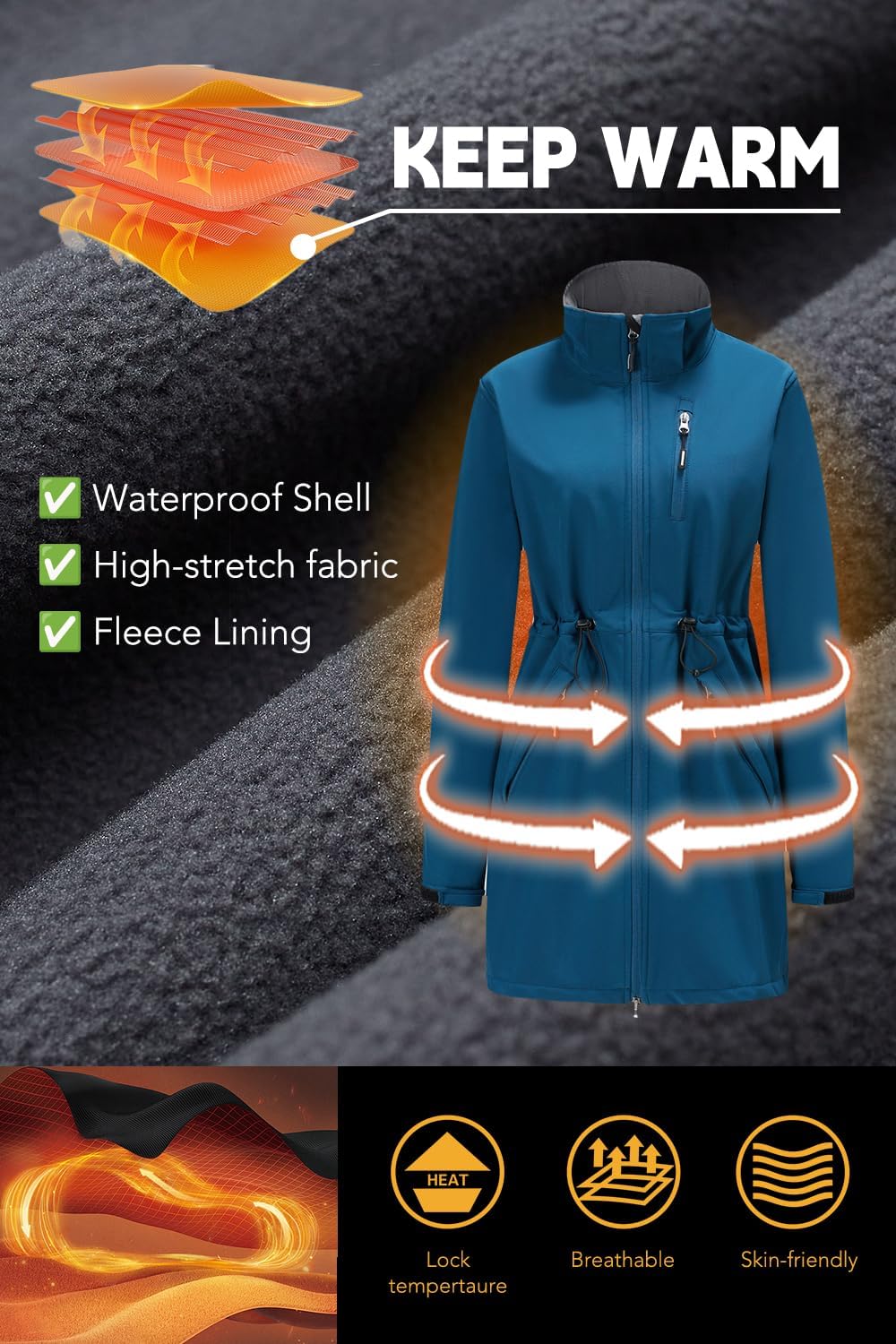 Women’s Softshell Jacket Lightweight Long Rain Coat Hooded Waterproof Windproof Fleece Lined Insulated Windbreaker - Image 3