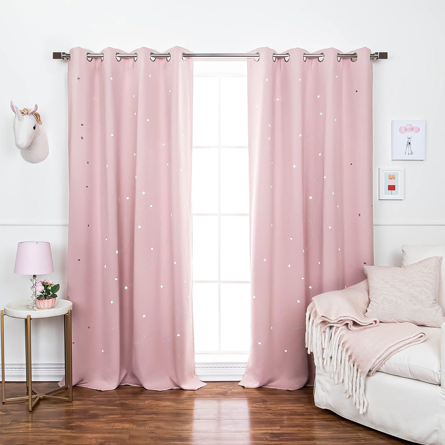 Best Home Fashion Set of 2 Blackout Laser Cut Starry Sky Curtain Pair, Silver Grommet Window Panels for Bedroom, Kids Room, Nursery, Thermal Insulated- 52" W x 84" L, Beige