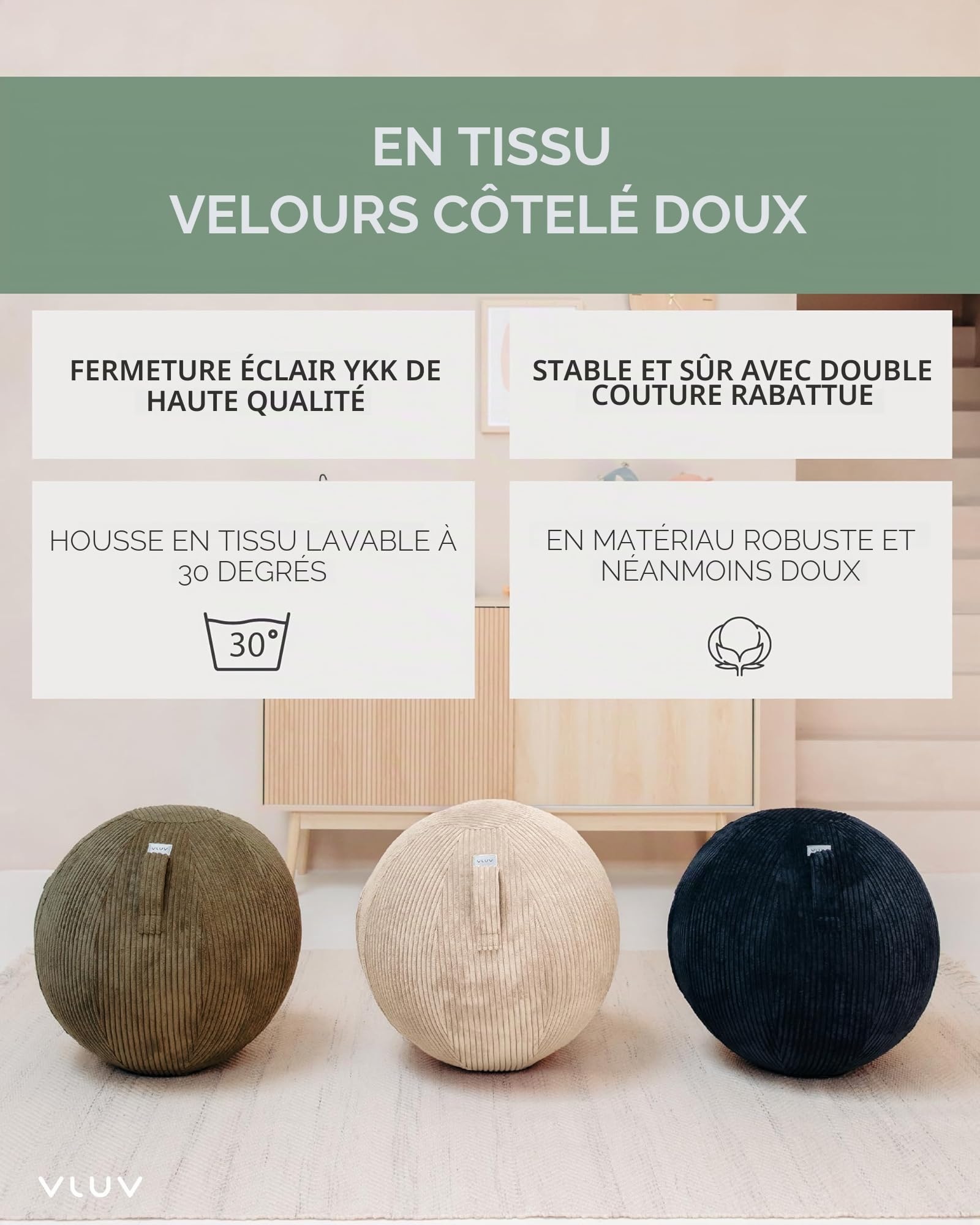 VLUV BOL VLIP Boule de siège ergonomique respirante avec poignée et protection anti-roulement, revêtement lavable pour grossesse 65 cm