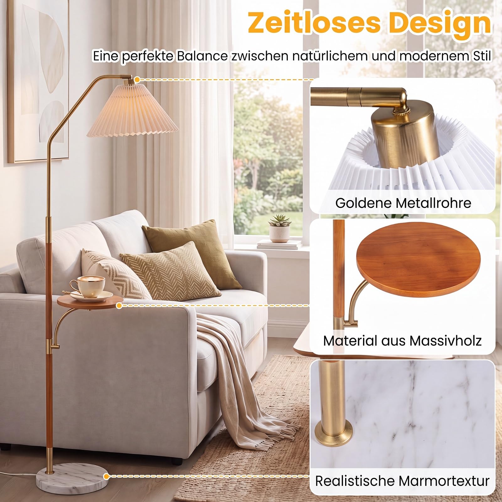 COSTWAY 160 cm lampa stojąca z plisowaną papierowym abażurem, półka, oprawa