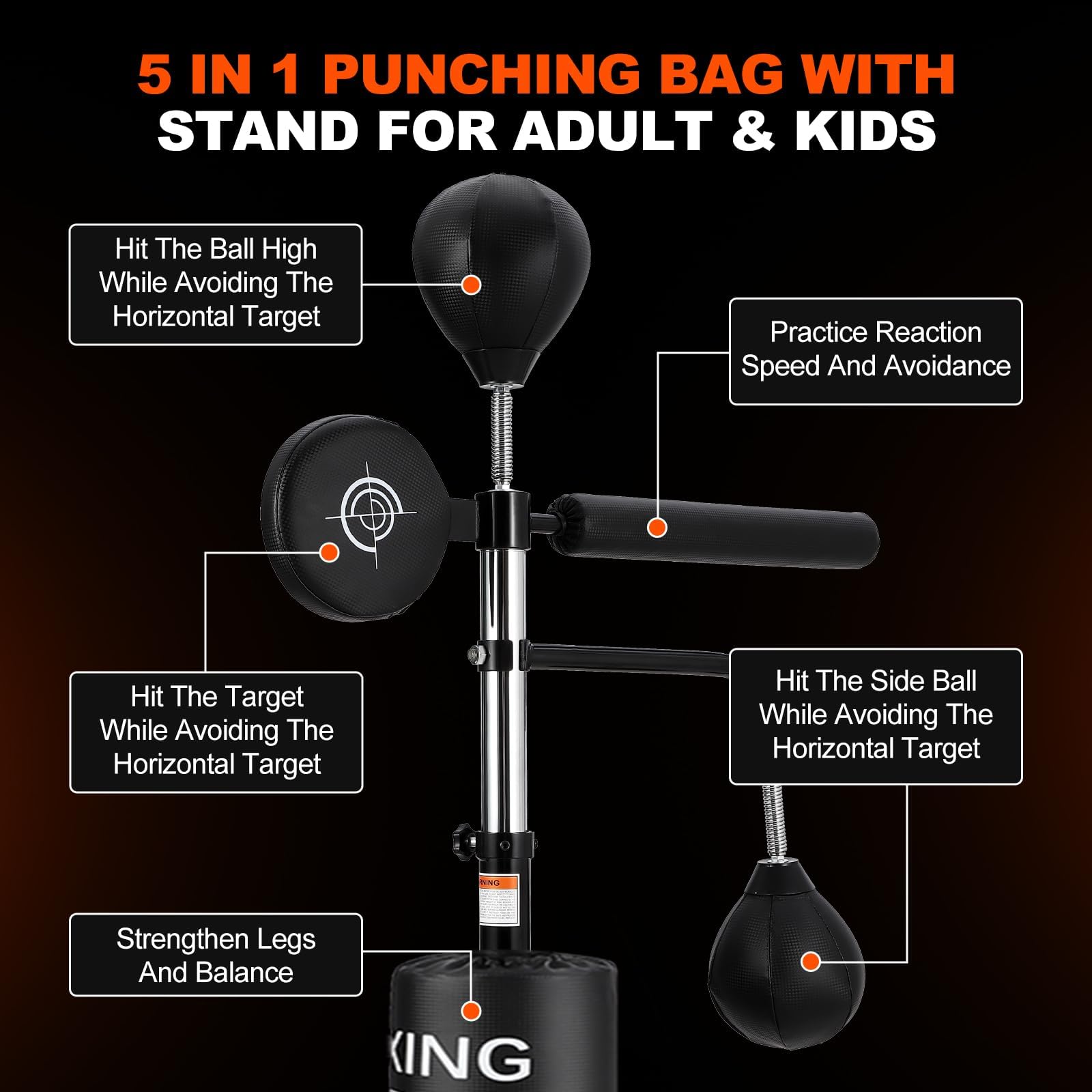 Sac de Frappe Adulte 5 en 1 Sac de Frappe Support sur Pied 2 Balles de Vitesse Cible et Barre Rotative à 360° Hauteur Réglable 160-230 cm Sac de Frappe sur Pied Réglable Entréeînement Kickboxing Boxe