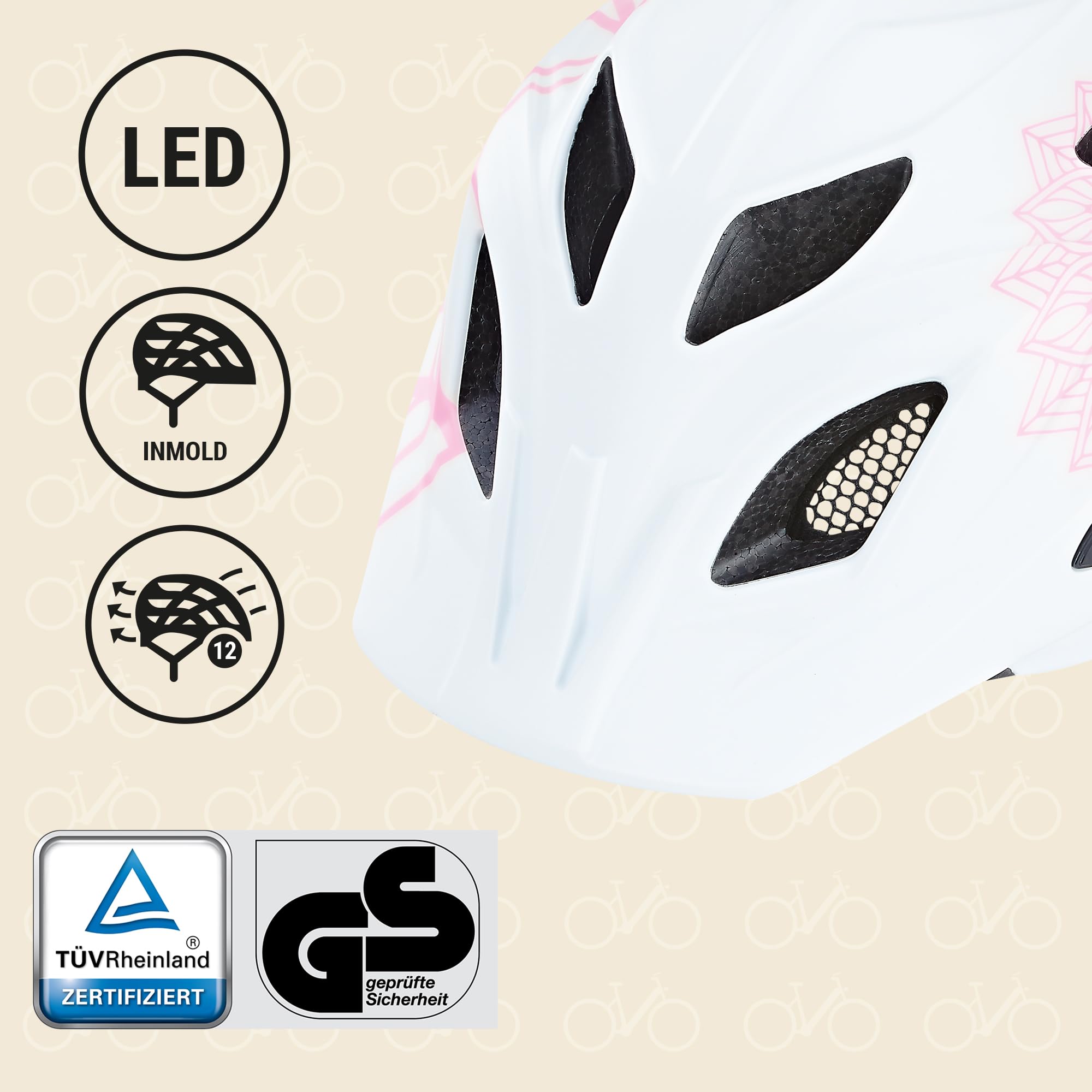 Prophete Dziecięcy kask rowerowy, regulowany pierścień głowy 52-56 cm, atest TÜV/GS, Inmold, LED, kolor biały