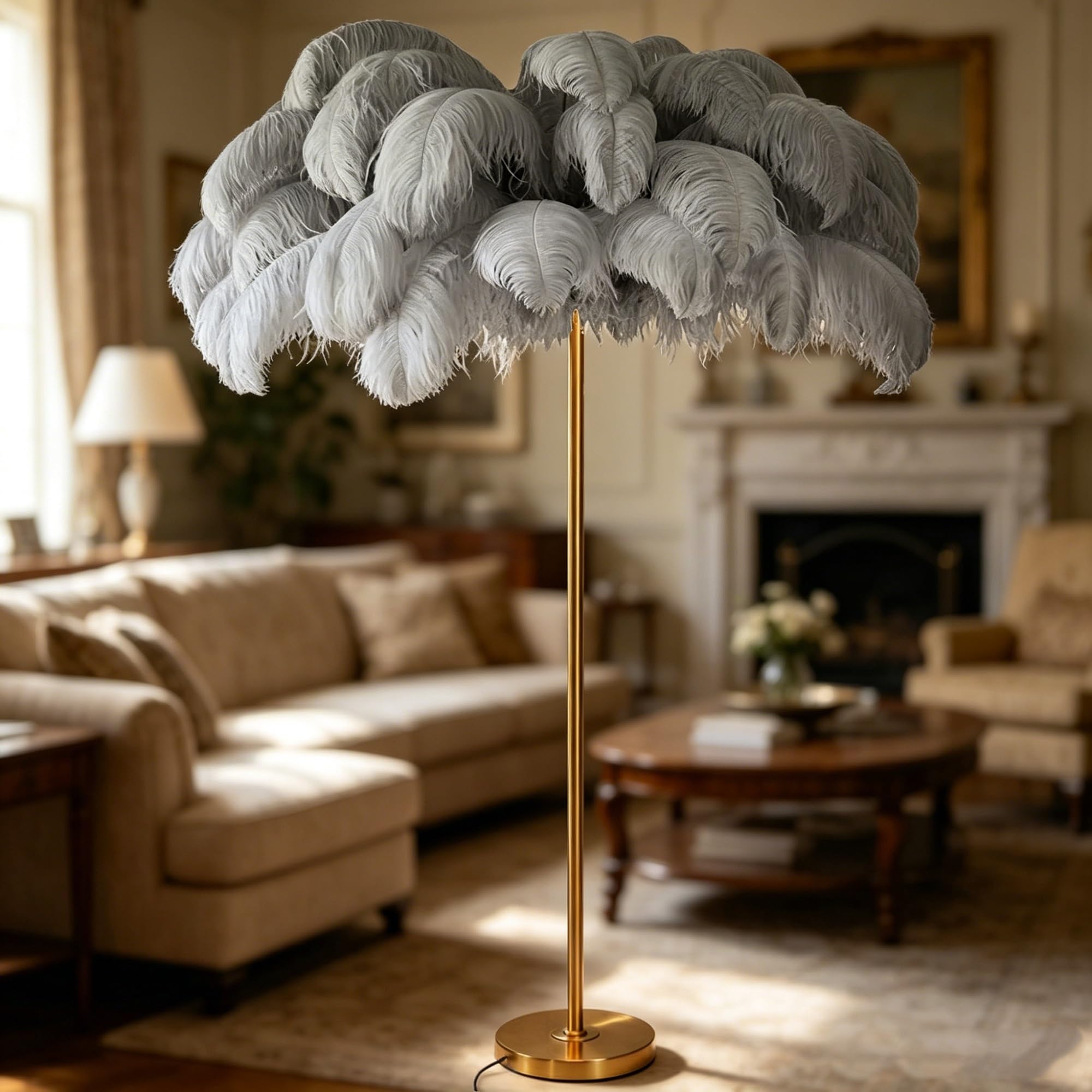 kumamart Indoor Decor Ostrich Feather Standing Floor Lamp, Fluffy Shade Lighting for Bedroom Living Room Interior with Black White Optional Shades(Grey)
