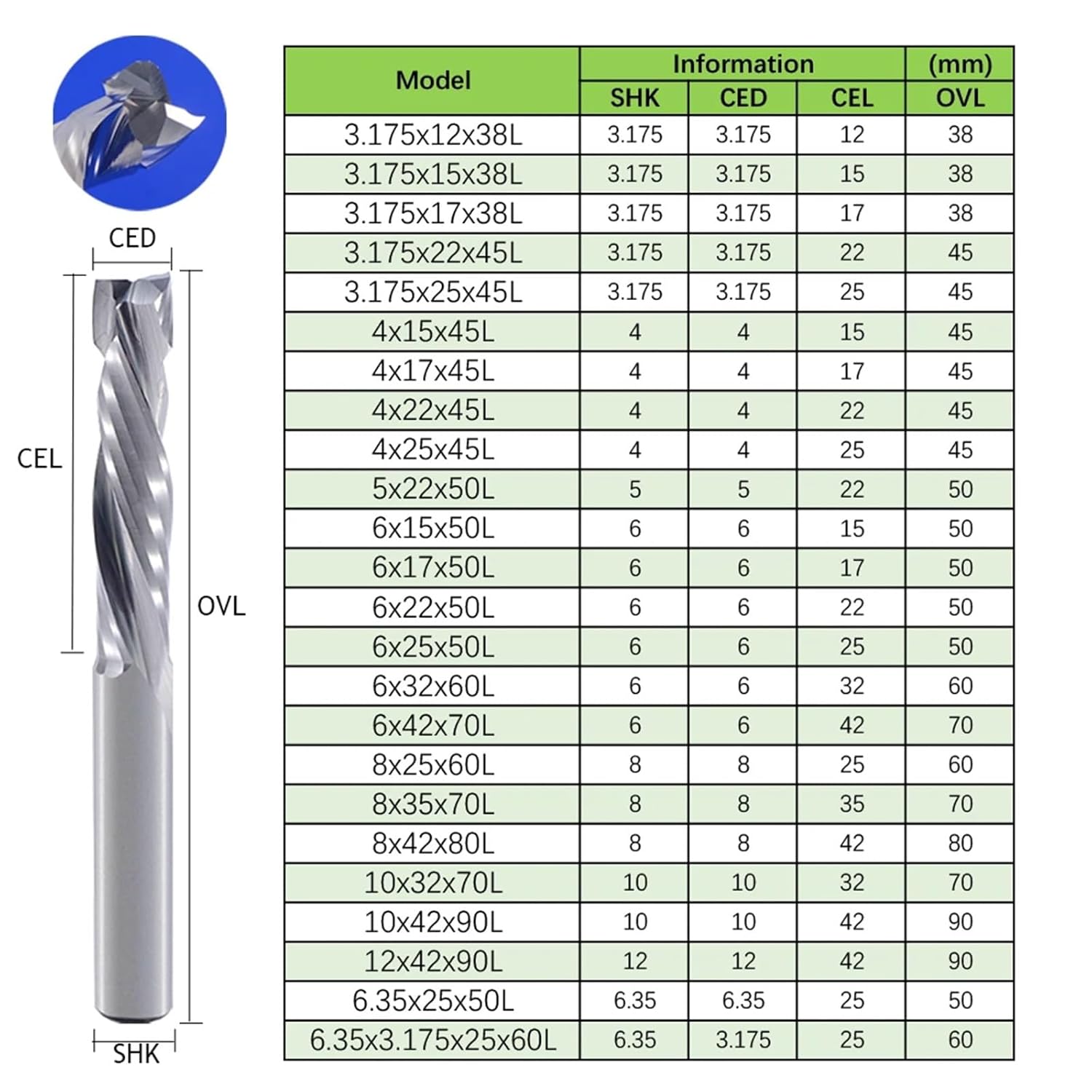 10Pcs 3.175/4/5/6/8/10mm Spiral Cut Double Edge Wordworking End Mill for Plywood Solid Wood(10Pcs 10x42x90L)