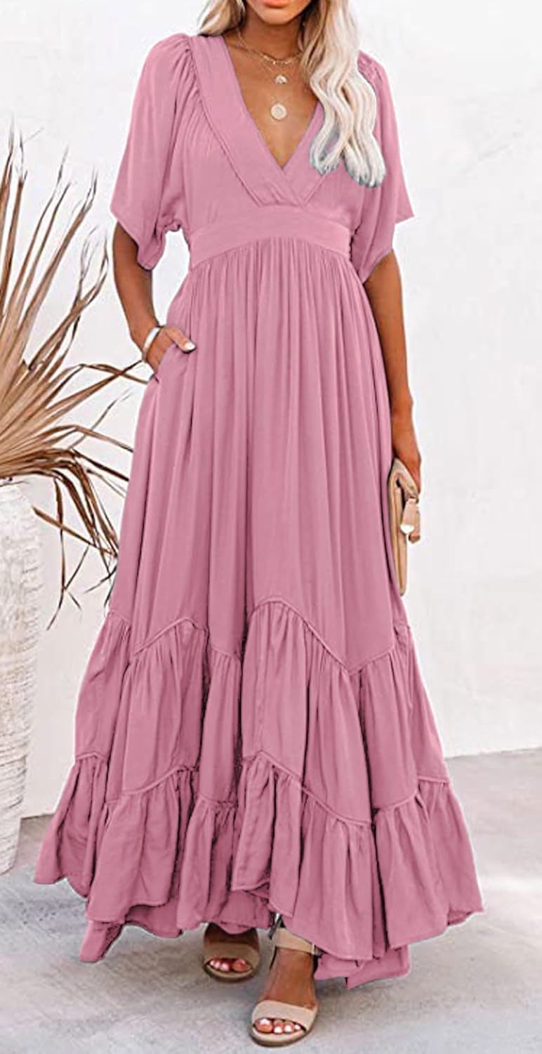 CHARTOU Women's Boho Ruffle Sleeve Flowy Maxi Dress Lace Up Back Tiered Party A Line Dress - Image 5