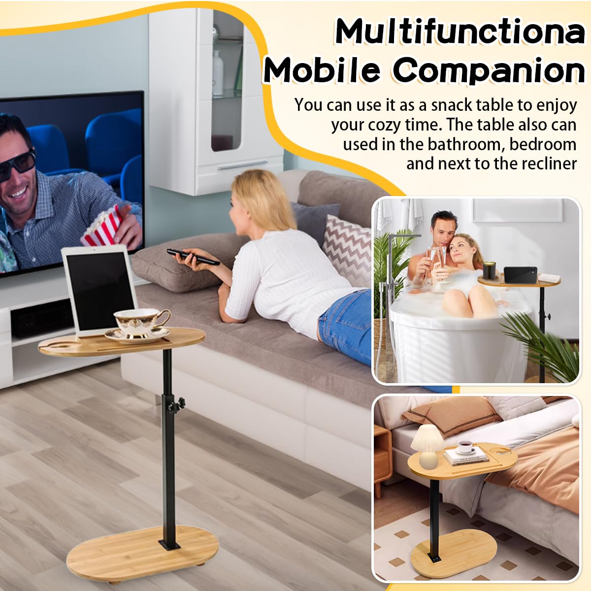 Tavolino Laterale a Forma di C Regolabile in Altezza 40-80cm,Tavolino Laterale da Divano Girevole a 360° per Soggiorno, Bagno o Camera da Letto (40 cm x 22 cm)