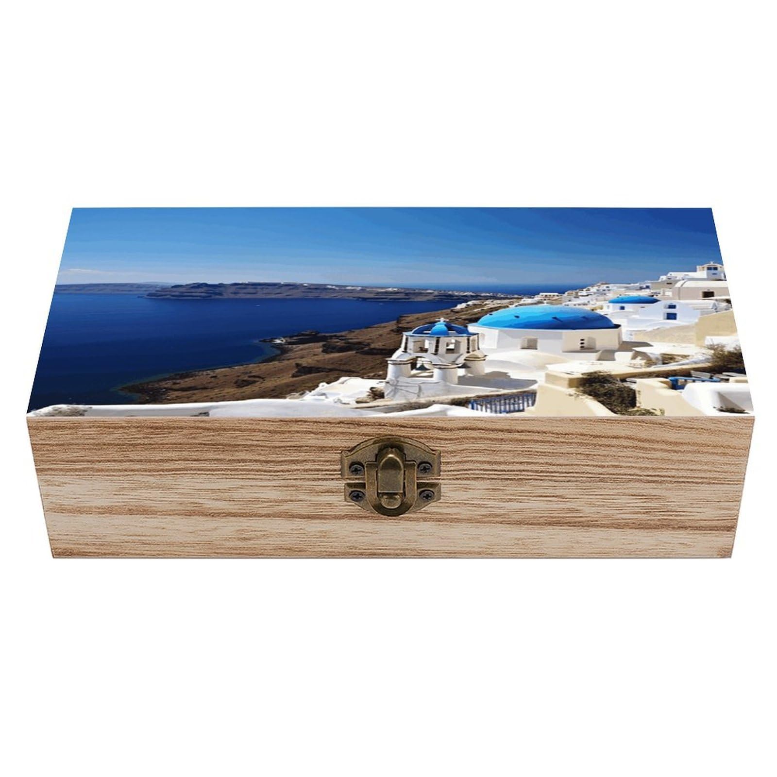 LZQPOEAS Santorini Greek Island Sea View Wooden Box Storage Space to Organize Jewelry in A Beautiful Small Storage Box Decorative Card Boxes Memory Treasure Boxes for Crafts And Photo Storage