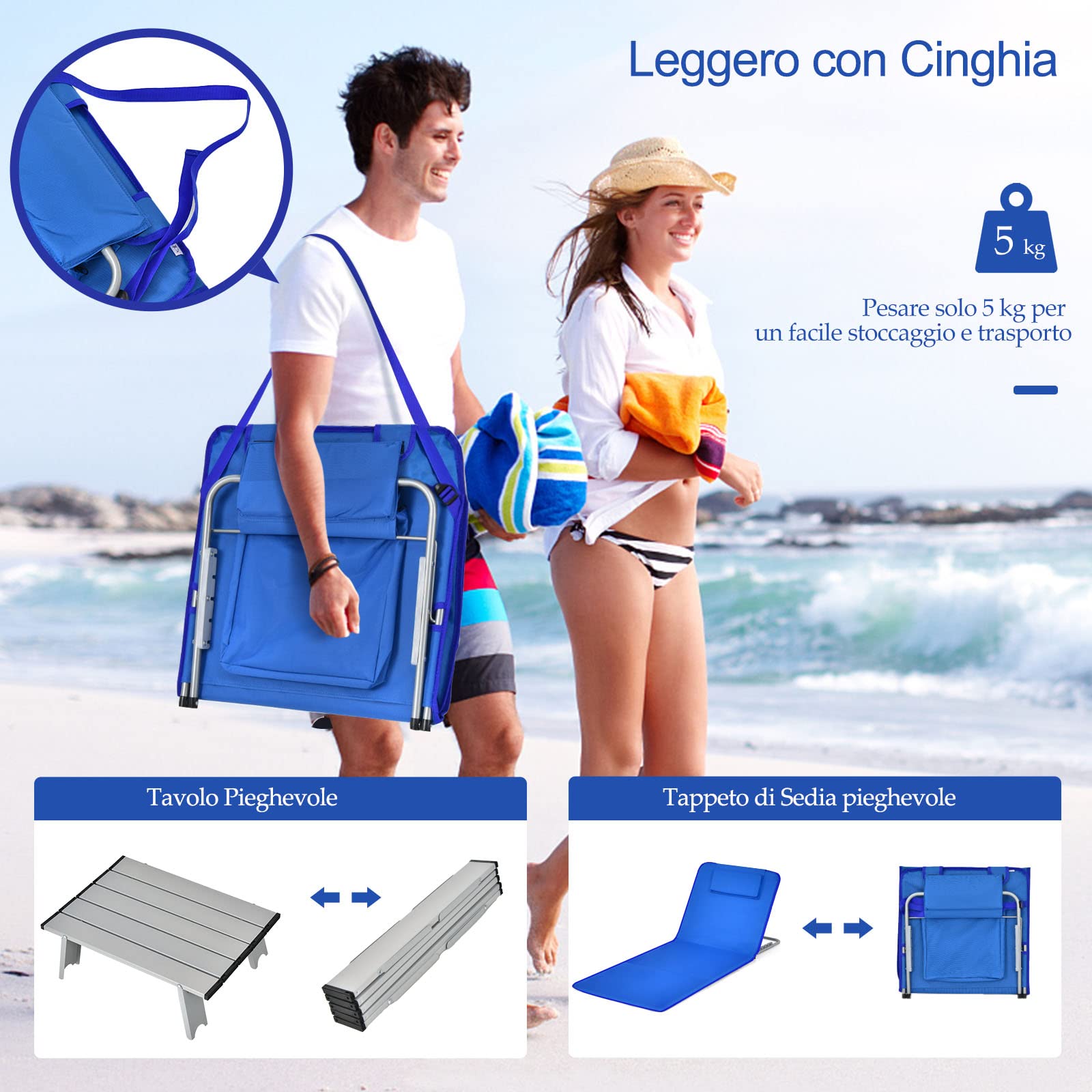 COSTWAY Set 2 Sdraio da Spiaggia con Tavolino, Tappettino Spiaggia Pieghevole con Schienale Reclinabile, Poggiatesta e Tasca Posteriore, Portatile con Manico, per Giardino e Campeggio (Blu)