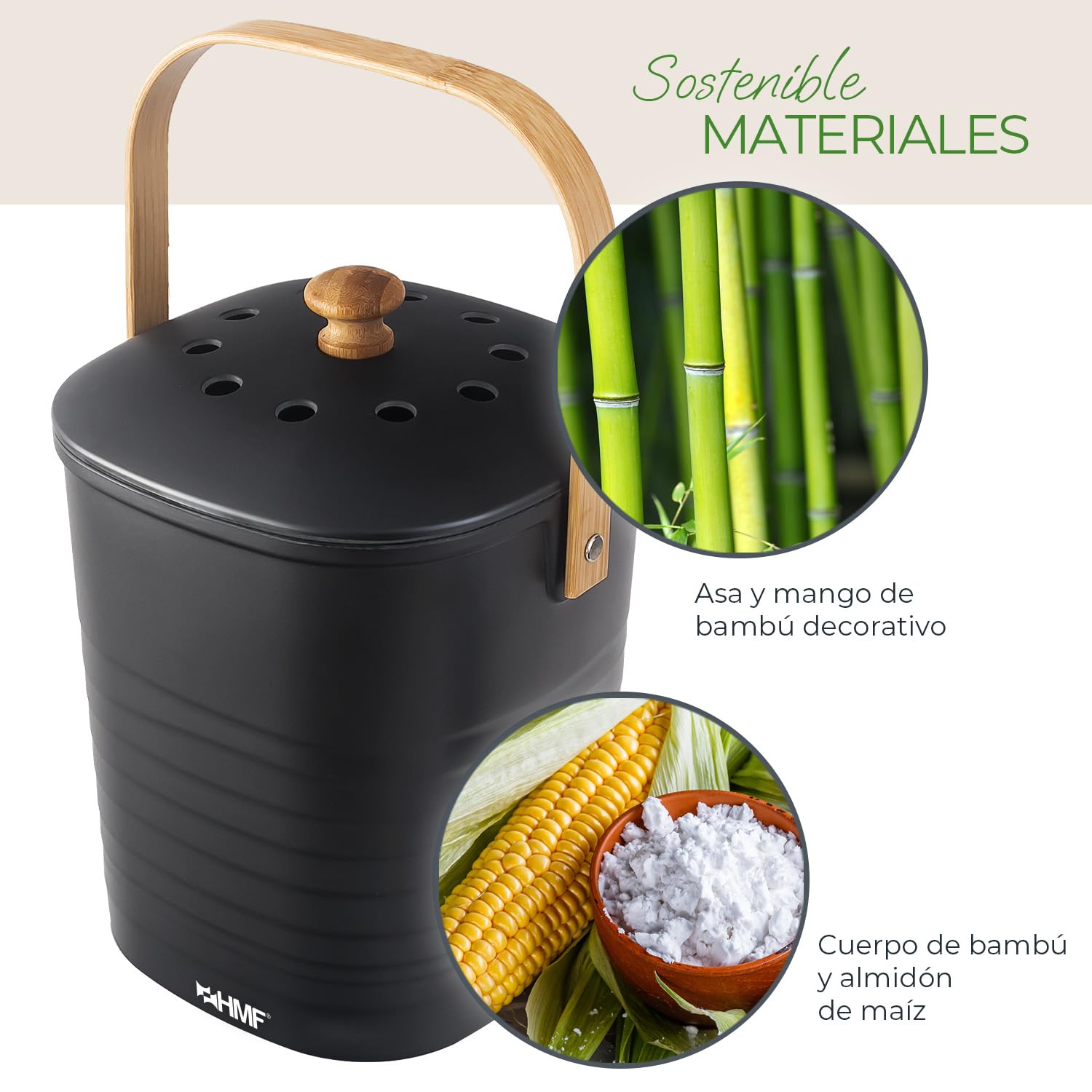 HMF Cubo de basura ecológico sostenible para cocina, inodoro con tapa, 3 litros, color negro