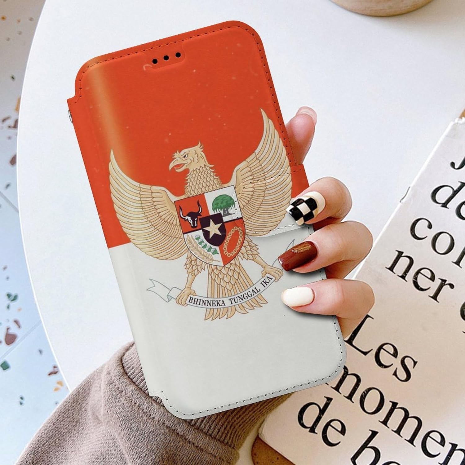 Vintage Indonesian Flag Indonesia Emblem Compatible with iPhone 16/16 Plus/16 Pro/16 Pro Max/16 E Case Phone Wallet Card Holder Flip Cover with Wrist Strap