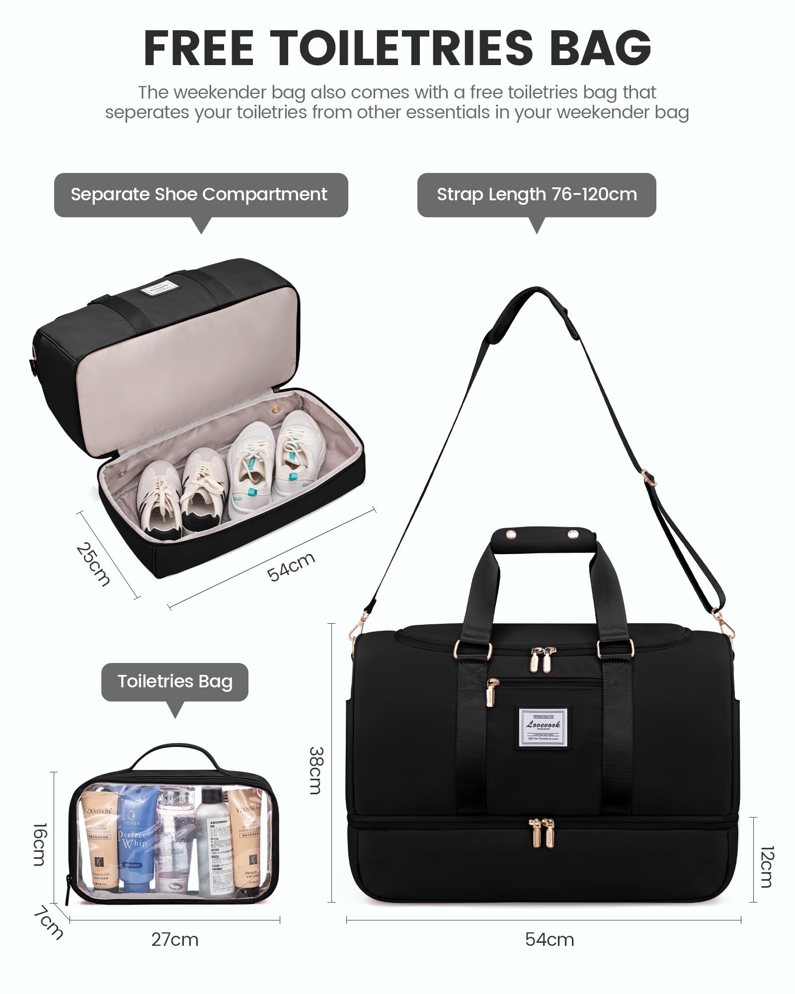 LOVEVOOK Borsone da Viaggio Borsa Palestra Donna, 50L Bagaglio a Mano con Scomparto per le Scarpe, Impermeabile Borsa Sportiva Piscina, Grande Weekend Travel Duffel Gym Bag per Aereo Fitness, Nero