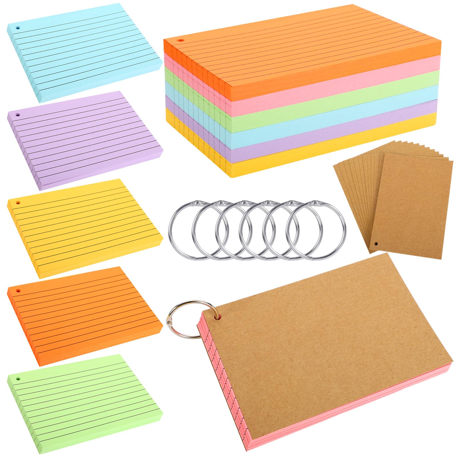 300 sztuk fiszek A6, 150 g/m², fiszki, w linie, kolorowe z 6 pierścieniami do bindowania, 12 kart z papieru typu kraft, do szkoły, biura, domu (6 kolorów)