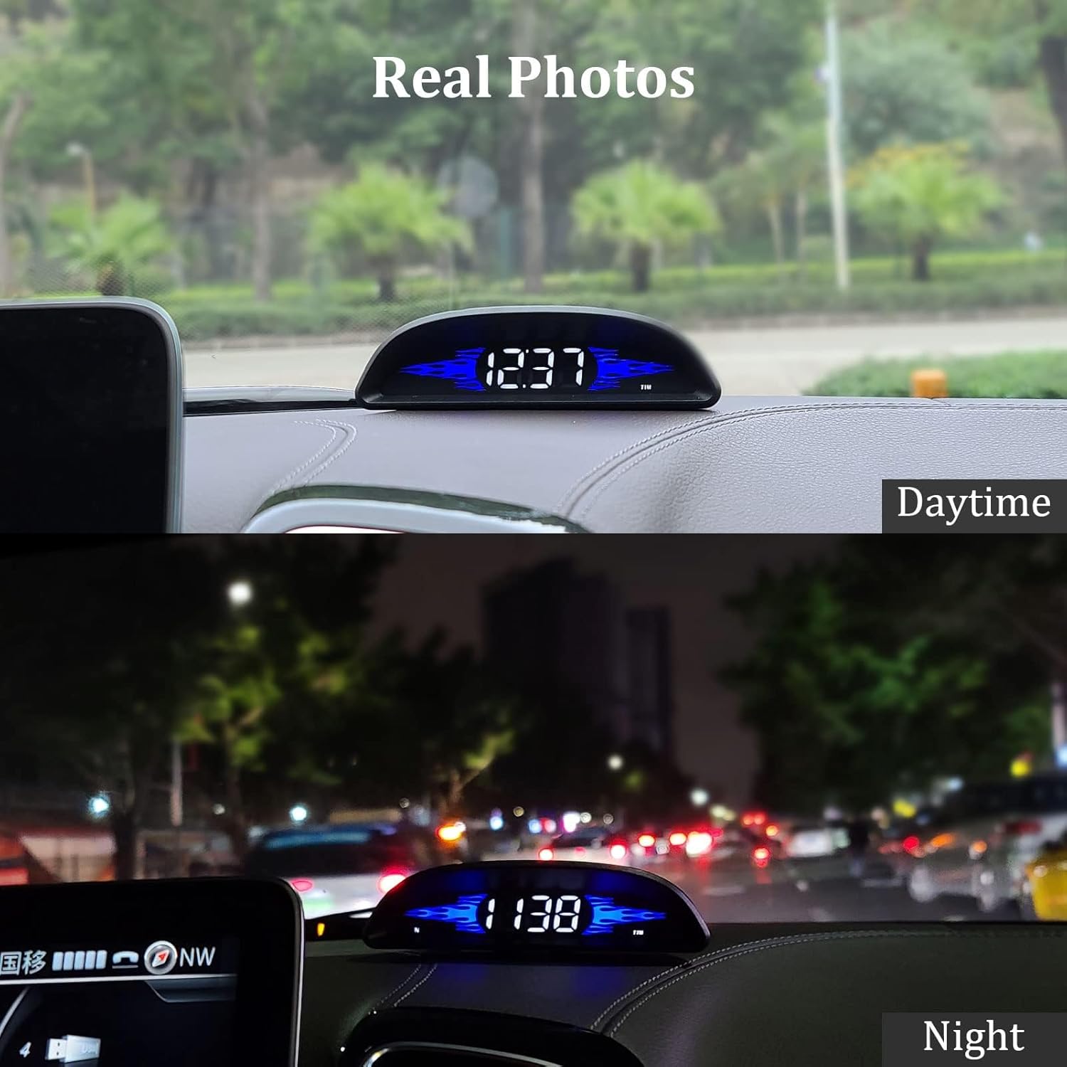 Images showing the AMROOLOO G2 HUD display in both daytime and nighttime conditions, demonstrating automatic brightness adjustment.