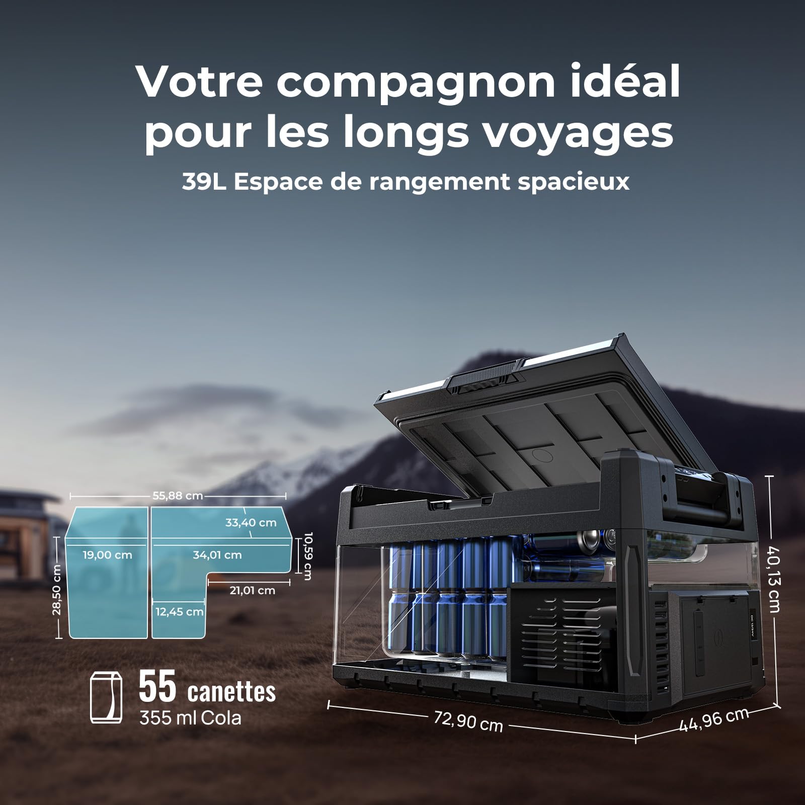 BougeRV Rocky V3.0 Double Zone Glacière Compresseur 39L, -20℃~20℃ | Réfrigérateur Voiture 12V 24V 230V Métal App IPX4, pour Camping Van Bateau Pêche