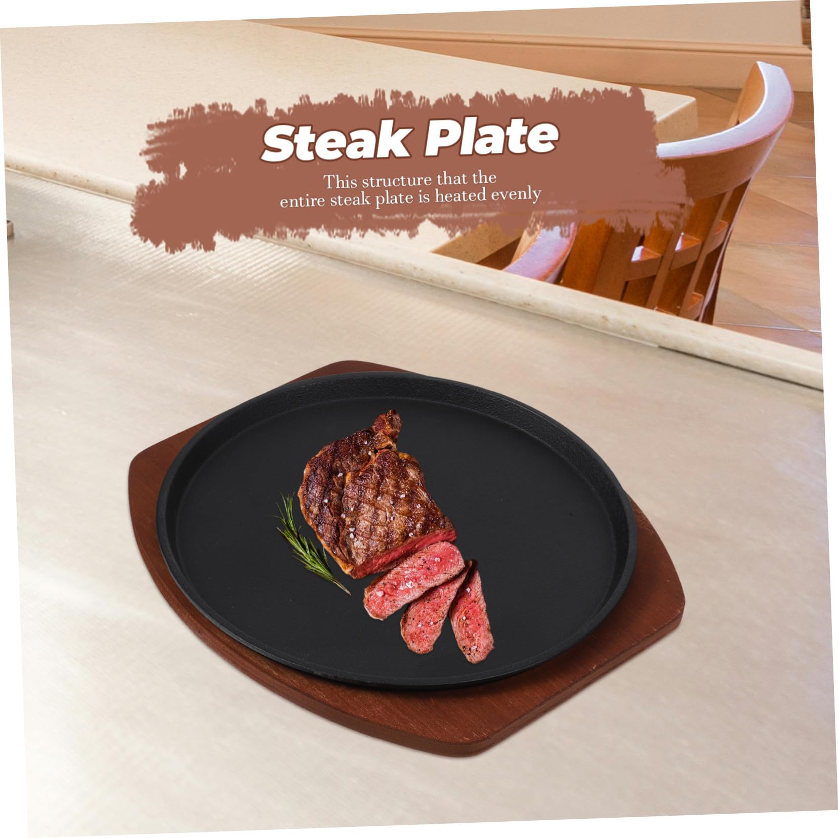 Plancha de Hierro Fundido para Asar Redonda Base de Madera Sartén para Bistec con Calentamiento Uniforme Bandeja Resistente para Barbacoa y Cocina Casa