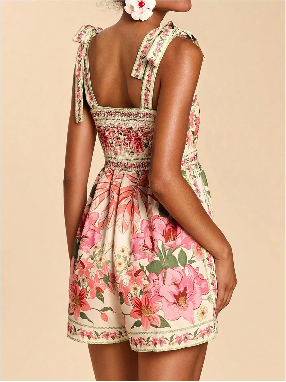SweatyRocks Women's Boho Tie Shoulder Floral Print Romper Shorts Jumpsuit Summer Beach Vacation Outfits