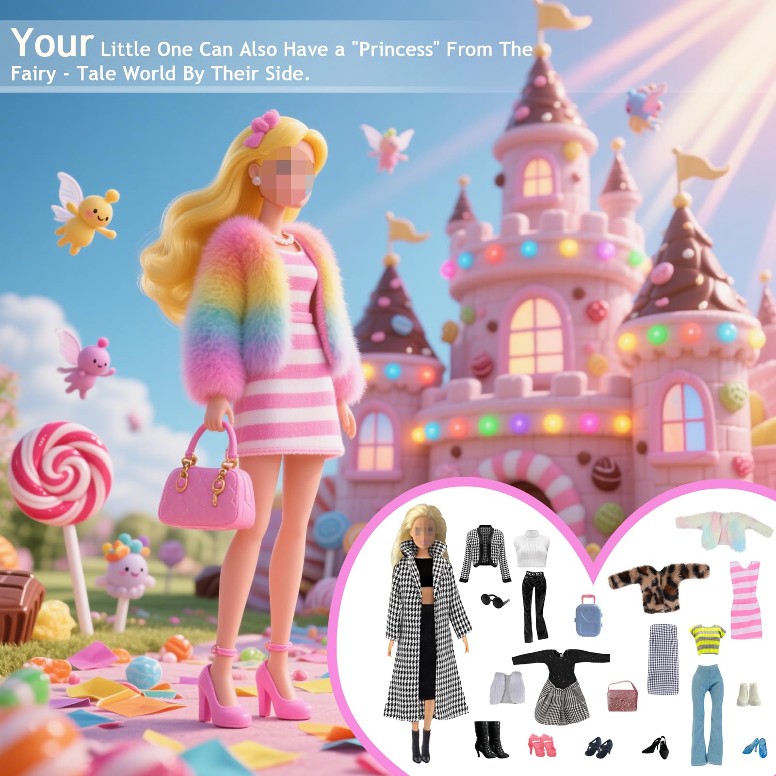 Doll Clothes Compatible with Barbie Clothes, Including 6 Fashion Sets, 1 Handbag, 1 Suitcase, 1 Glasses - Image 3