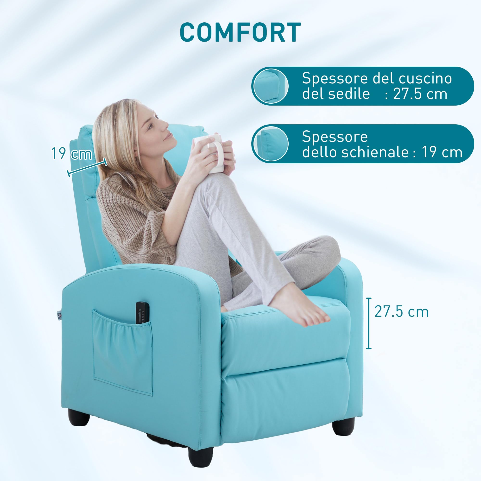 HOMCOM Poltrona Relax Massaggiante con 8 Modalità e 5 Intensità, Poltrona Reclinabile con Poggiapiedi e Telecomando, Pelle PU - 68x88x98 cm, Azzurro