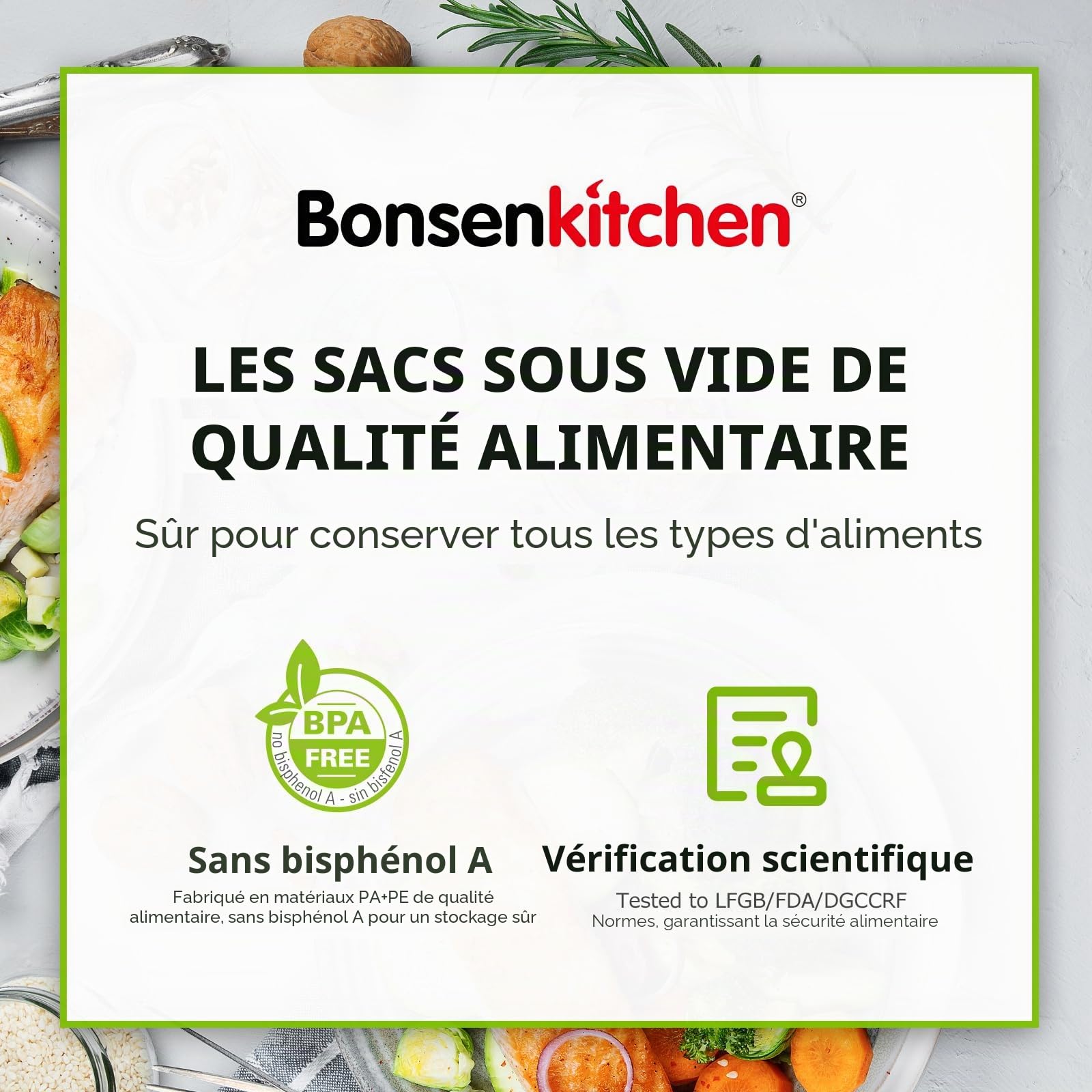 Bonsenkitchen Sacs sous vide prédécoupés 20,3 x 30,5 cm, 946 L, sans BPA, sacs sous vide texturés de qualité commerciale, épais pour le stockage et la cuisson sous vide VB3208