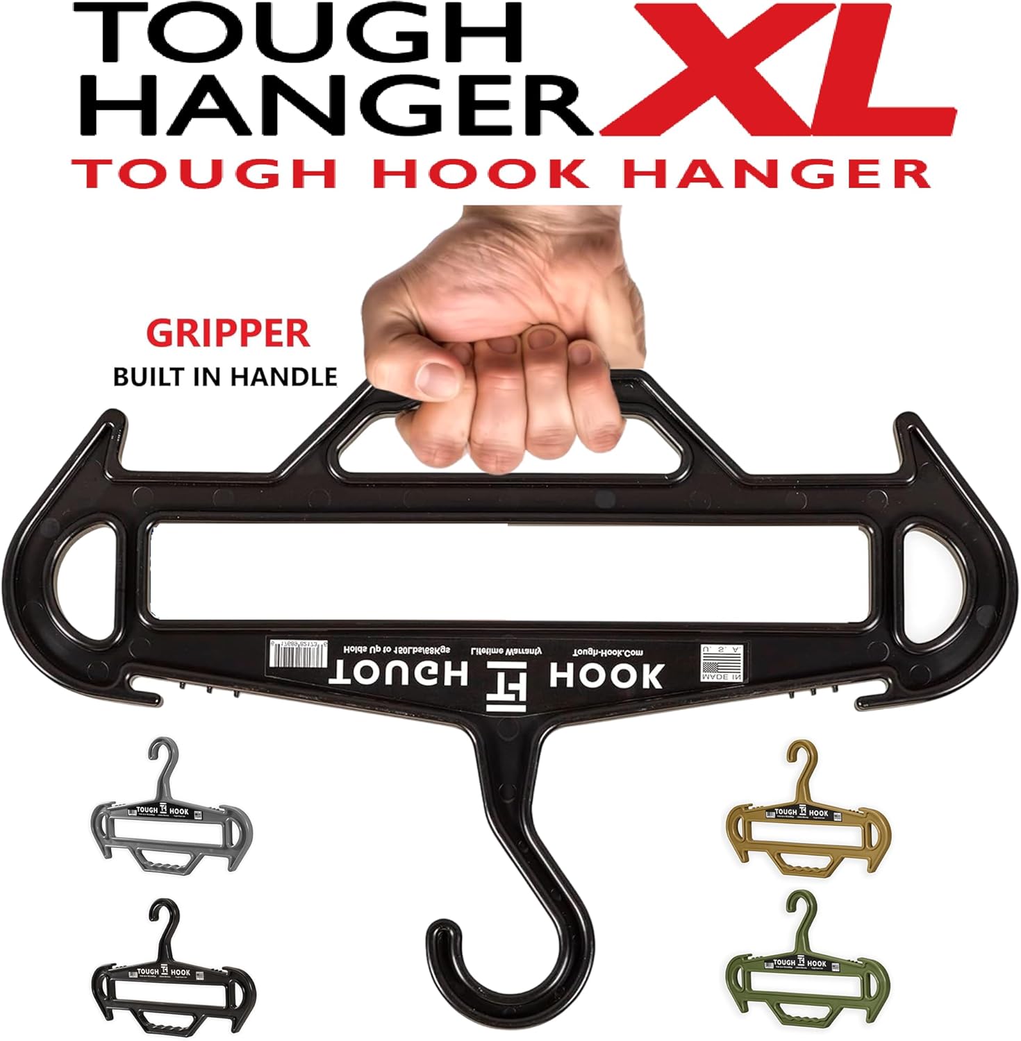 Tough Hanger XL | A Beast of a Hook | American Made | Premium X-Large Heavy Duty |Outdoor Gear,Wetsuit Dive Scuba Gear & Heavy Clothing–180 lb Capacity Hanger |Built in Gripper Carry Handle, 1 Black
